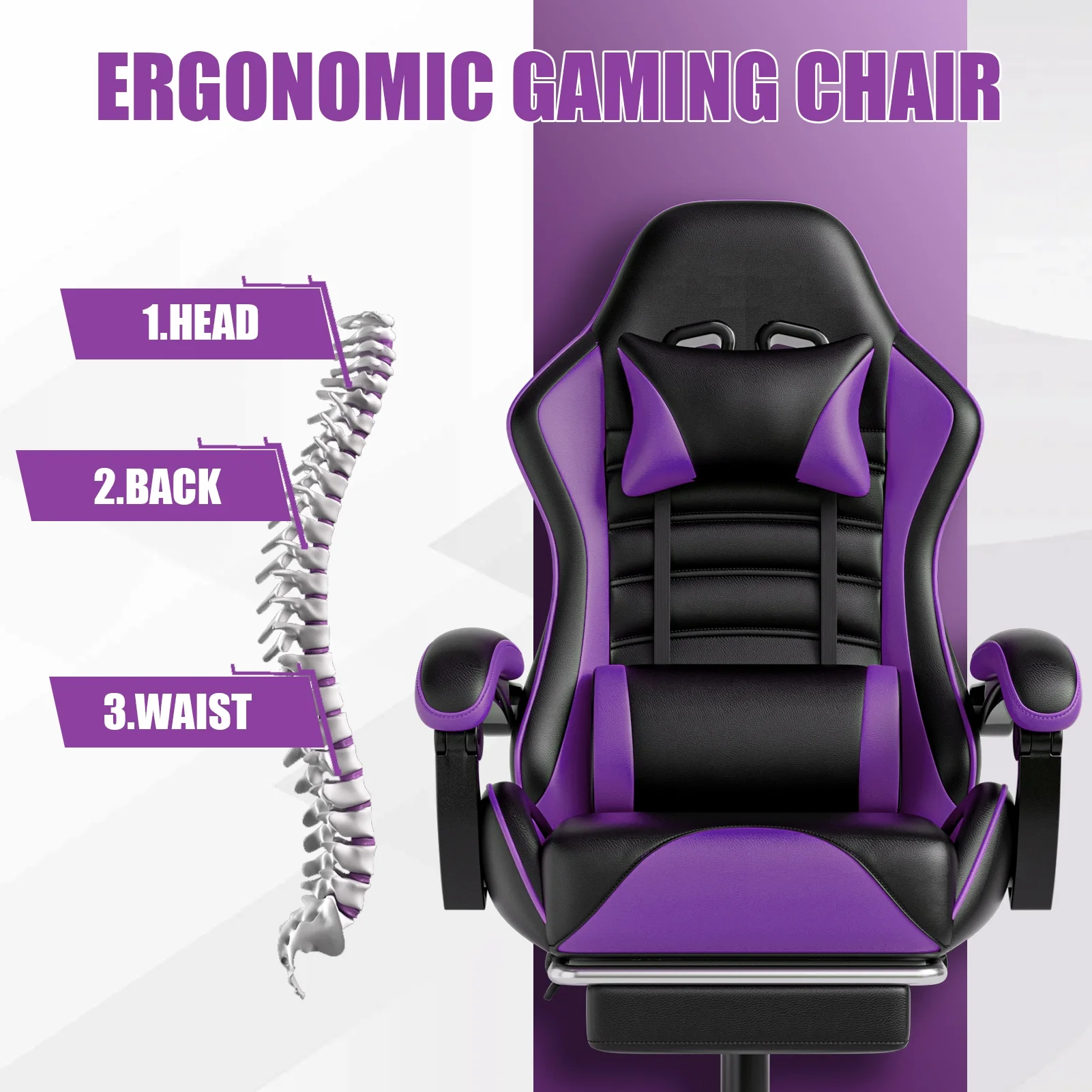 BSTYJQXH Ergonomic Adjustable Comfortable Leather Gaming Chair with Headrest and Lumbar Support, Purple