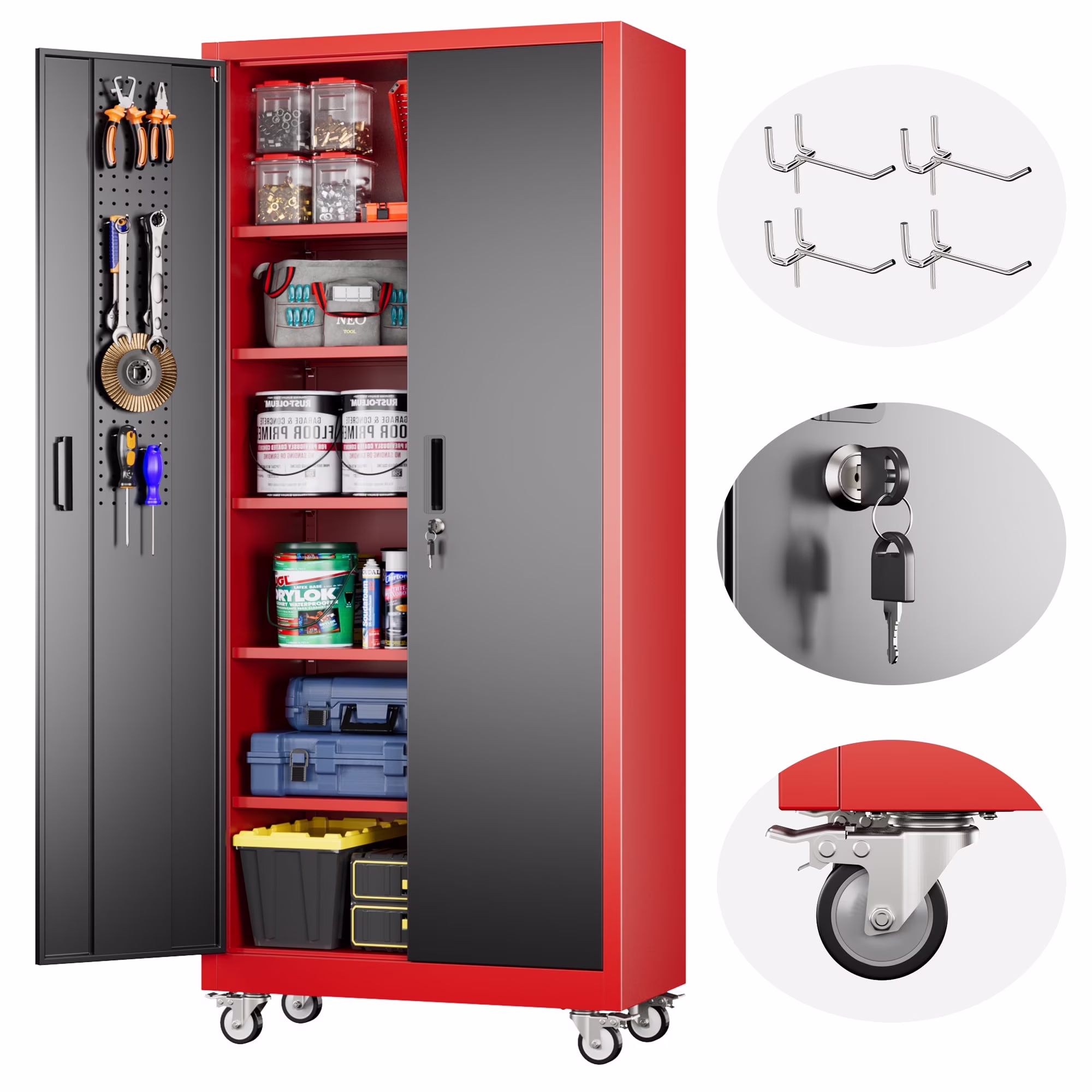 GangMei 71 inches Tall Metal Rolling Garage Storage Cabinets with Locking Doors and 5 Adjustable Shelves, Metal Storage Cabinet for Garage, Office, Home, Classroom, Assemble Required(Black) - Image 5