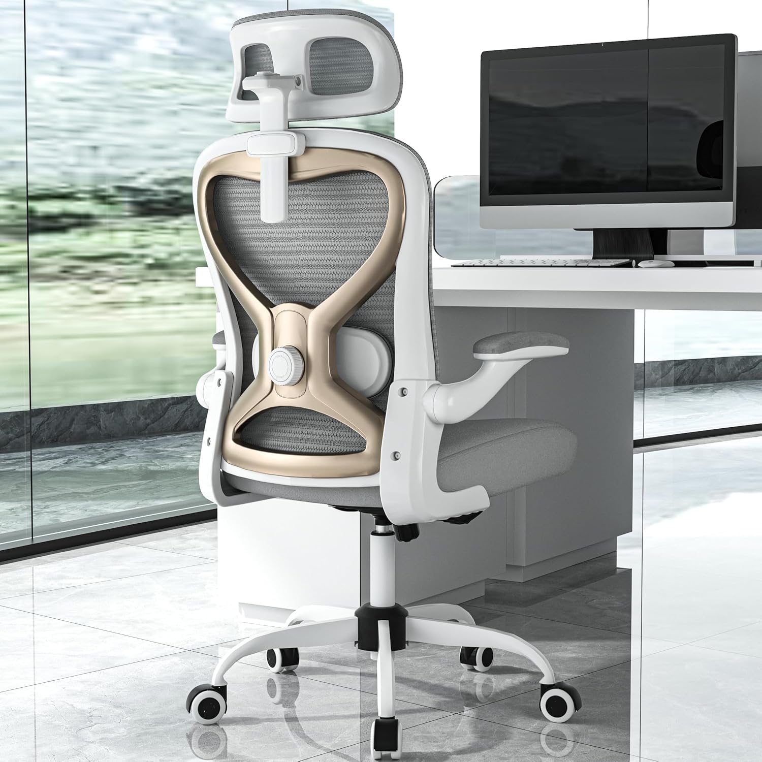 Home Office Desk Chairs, Ergonomic Office Chair with Lumbar Support & 3D Headrest, Computer Desk Chair with Flip-up Armrests, Perfect for Office or Study, Gray/Gold