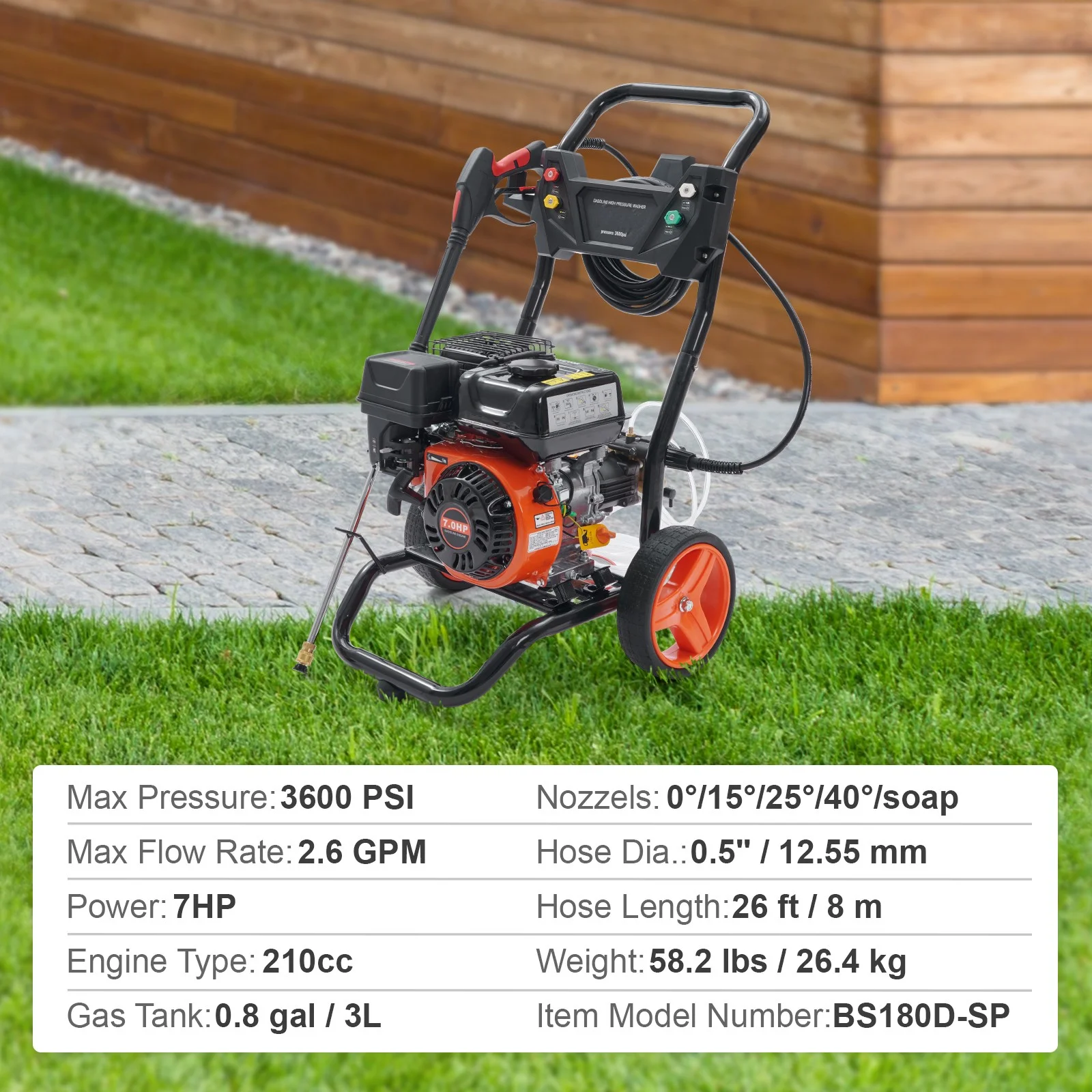 KFFKFF 3600 PSI 2.6 GPM Gas Pressure Washer w/26 ft High Pressure Hose 5 Nozzles Gas Powered Washer - Image 8