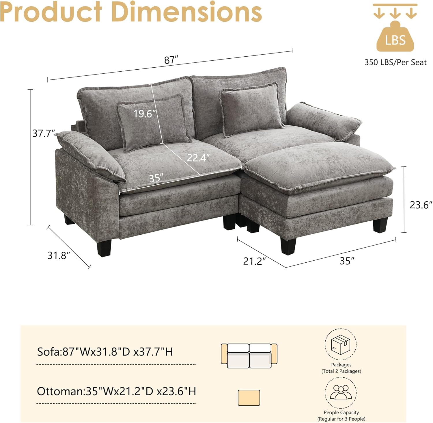 URRED Cloud Couch Modular Sectional Sofa, 87