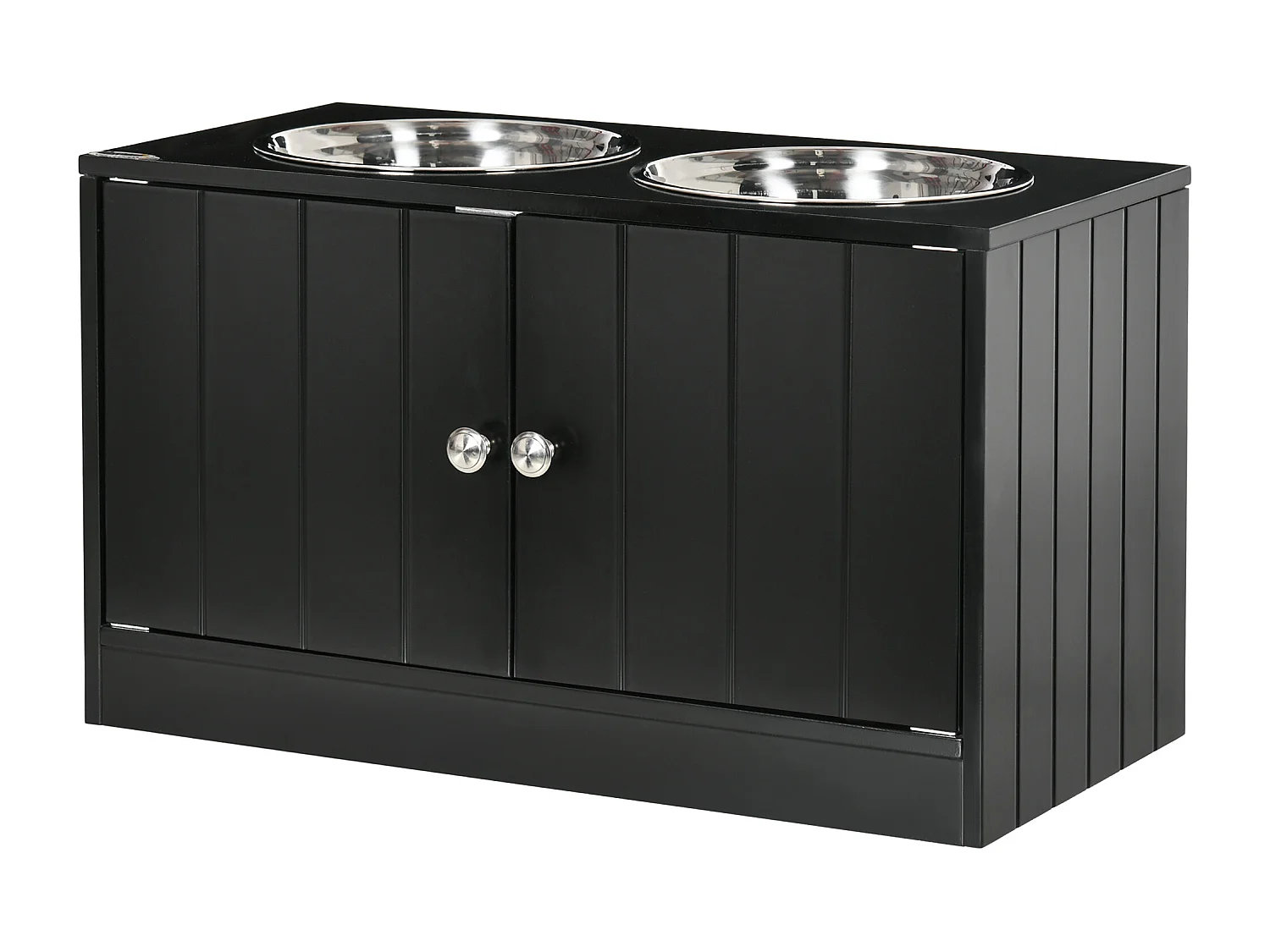 Gamelle double chien chat - porte-gamelles surélevé armoire 2 en 1 - 2 portes, 2 gamelles - acier inox. MDF noir