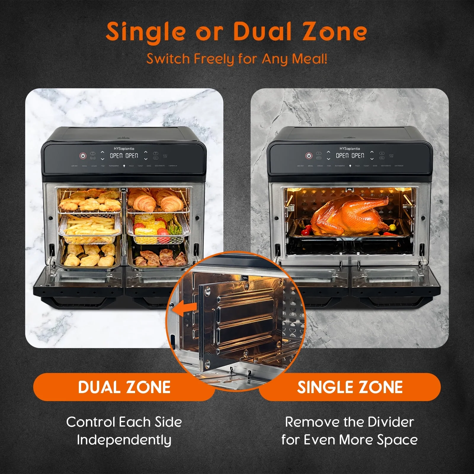 HYSapientia 24QT Dual Zone Air Fryer Oven with Rotisserie,10-in-1 Internal stainless steel Convection Countertop Oven 1800W Air Fryer  Toaster Oven for Family Cooking