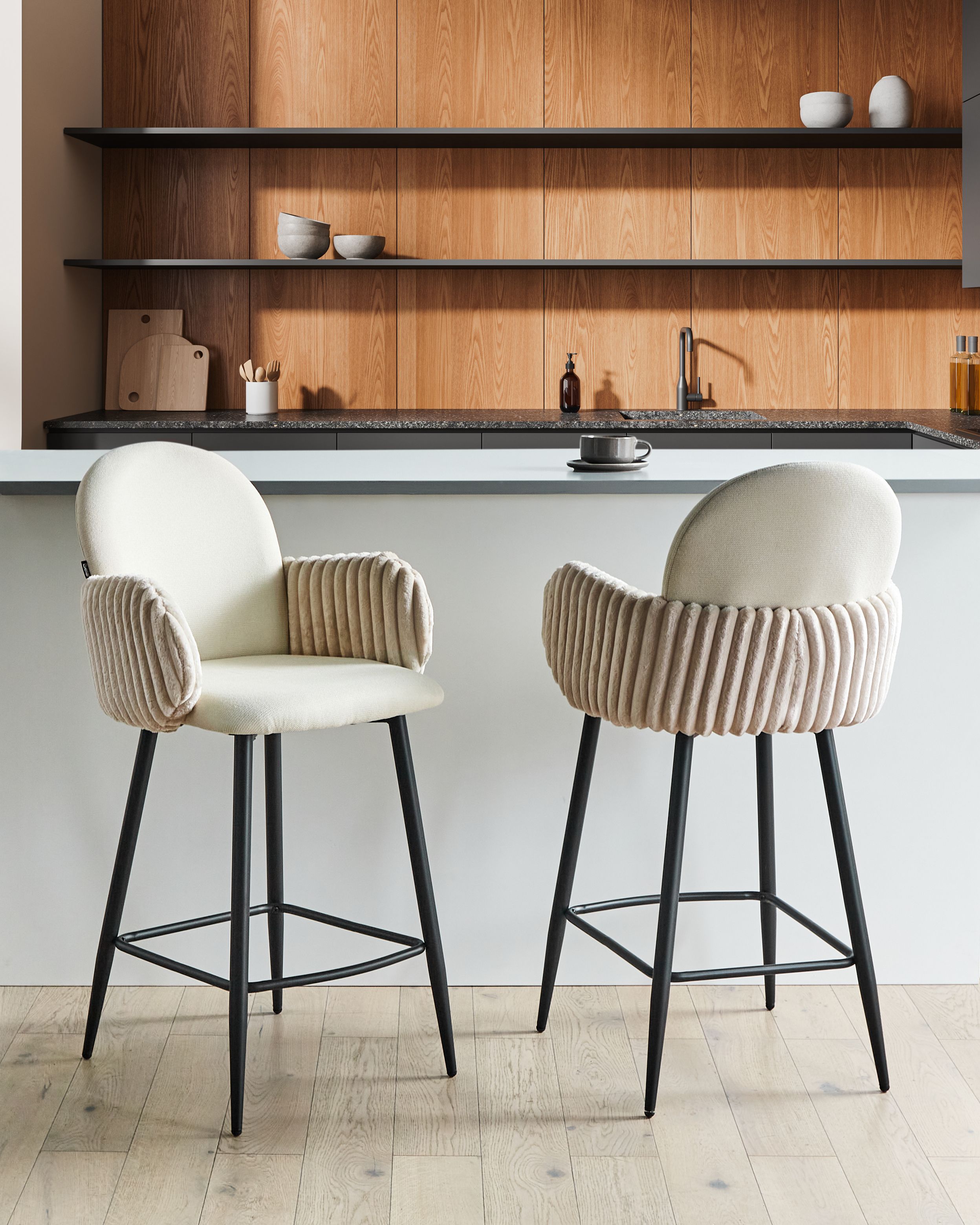 Set of 2 Bar Chairs AMITY Fabric Light Beige