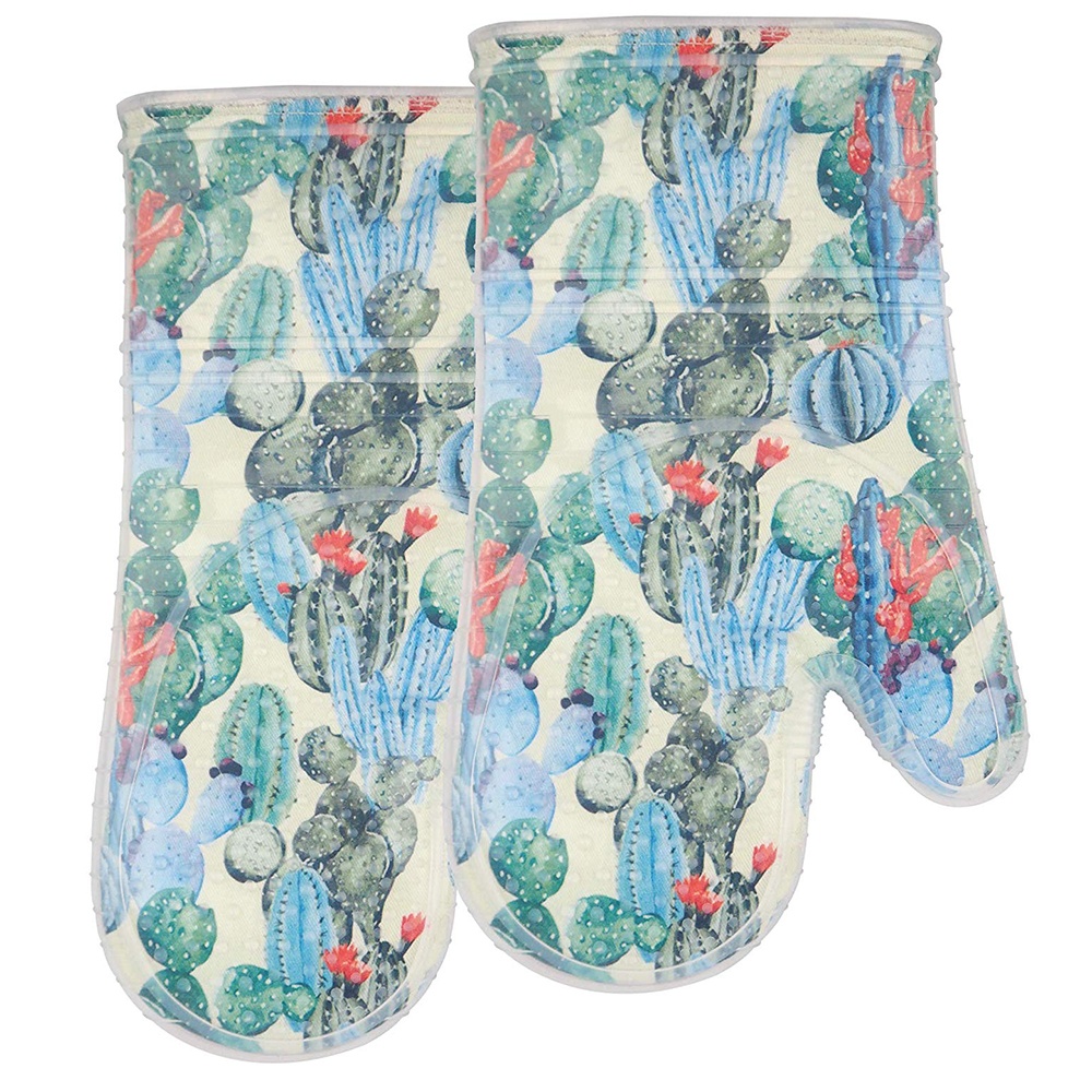 Blue Cactus Patterned Kitchen Anti-Slip Heat Resistant Oven Mitt Transparent Silicone Cotton Padding Printed Dishwasher Oven