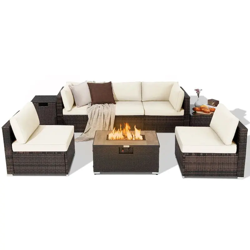 8-Piece All-Weather PE Rattan Patio Conversation Set With Fire Pit Table, Tank Holder And Cover - Image 5 8-Piece All-Weather PE Rattan Patio Conversation Set With Fire Pit Table, Tank Holder And Cover - Image 5