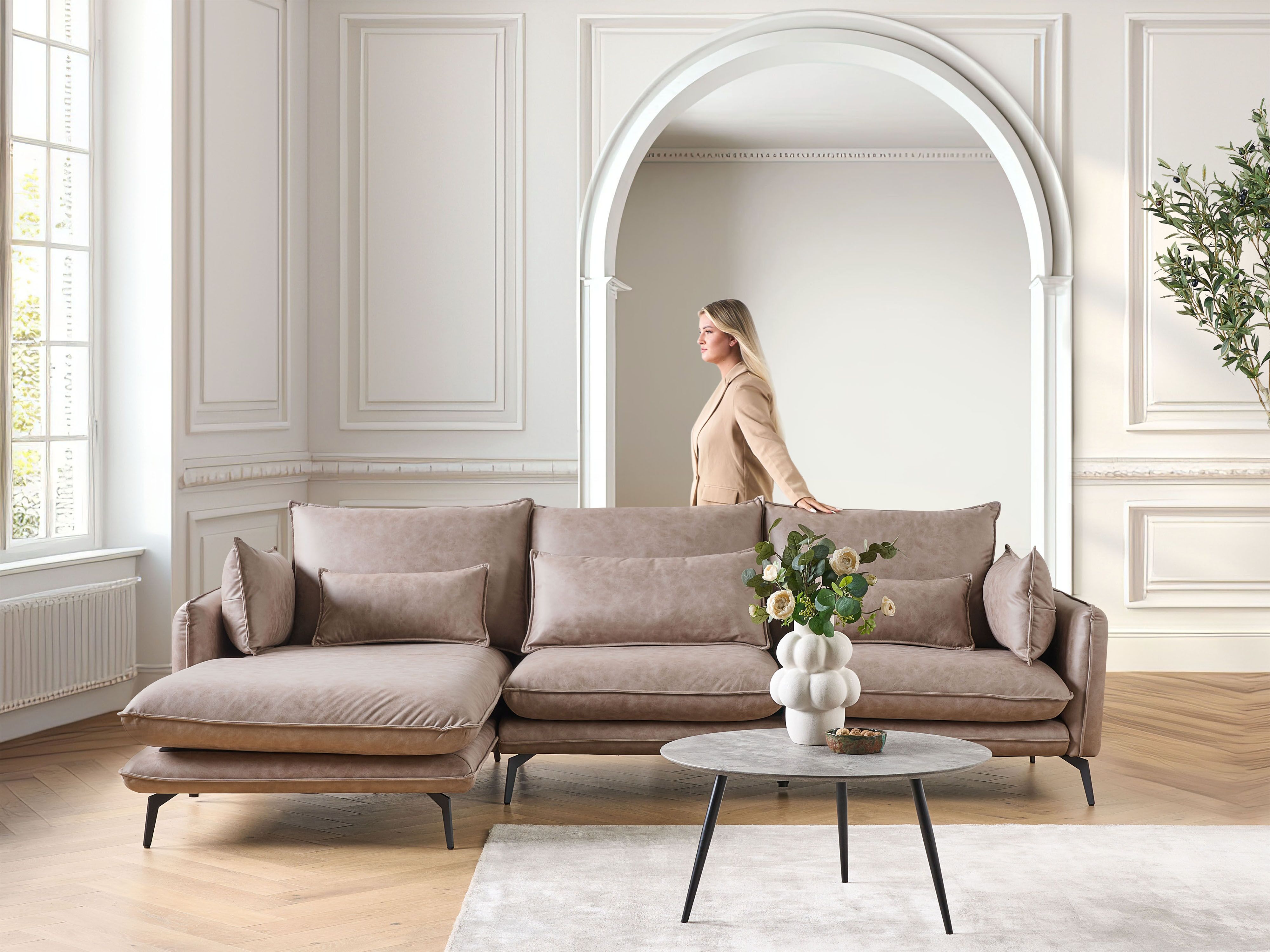 Corner Sofa 3 Seater GALLO Faux Suede Light Brown Right Hand