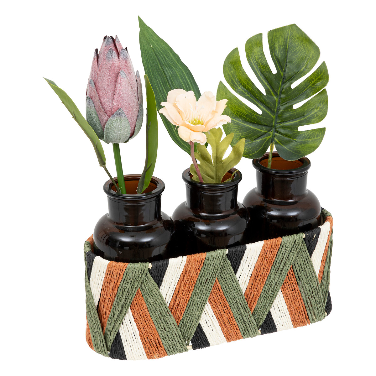 Set of 3 "Koni" single flower vases Green and orange, H.26 cm