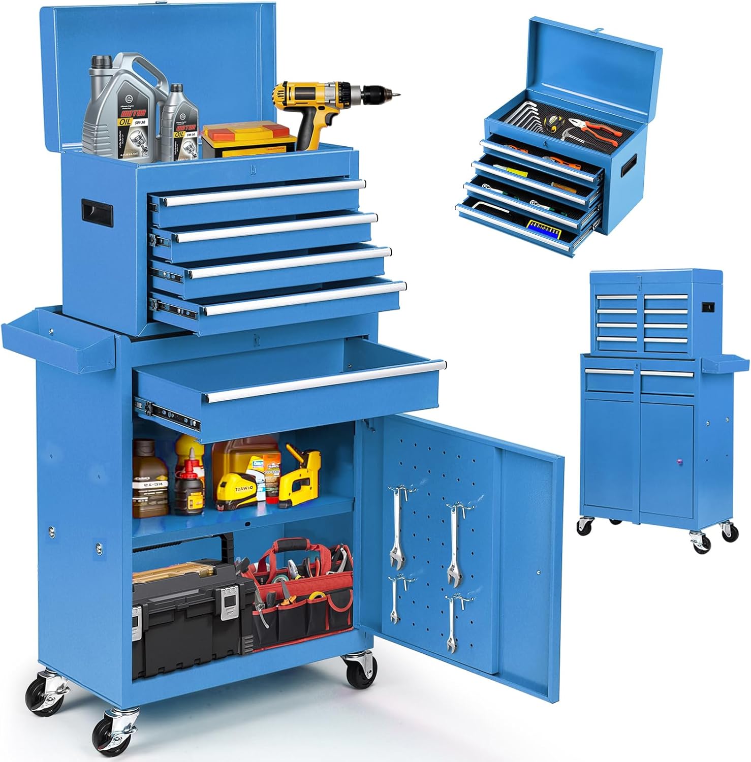 5-Drawer Rolling Tool Chest – 2-in-1 Lockable Tool Box with Wheels, Sliding Drawers & Detachable Top – Garage & Workshop Storage Cabinet, Blue