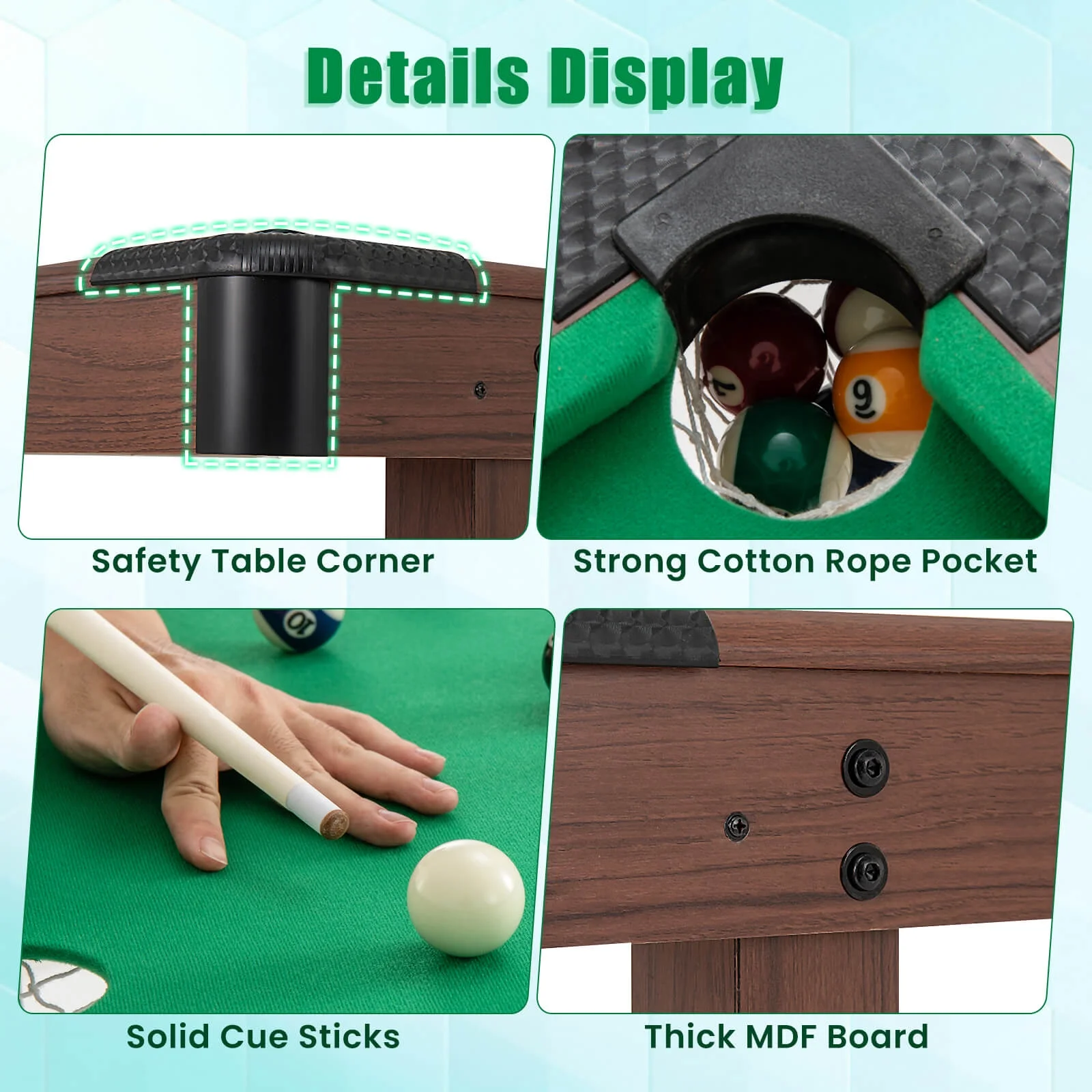 Costway 48" Pool Table for Kids & Adults with Full Set of Balls 2 Cue Sticks 2 Chalks Green - Image 6
