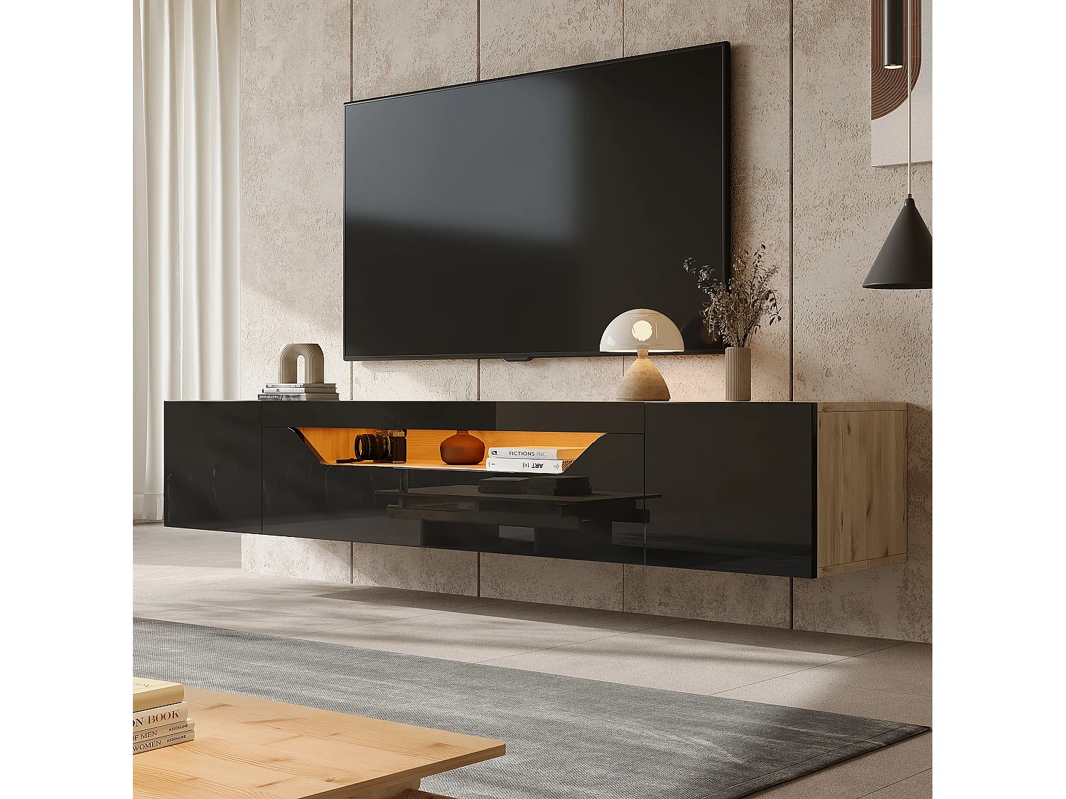 Meuble TV suspendu 180x37x36cm avec LED, 3 portes, corps en placage bois naturel et noir laqué brillant