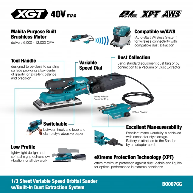 MAKITA  BO007CGZ 40V Max XGT BL 1/3 Sheet Finishing Sander, w/AWS, Tool Only