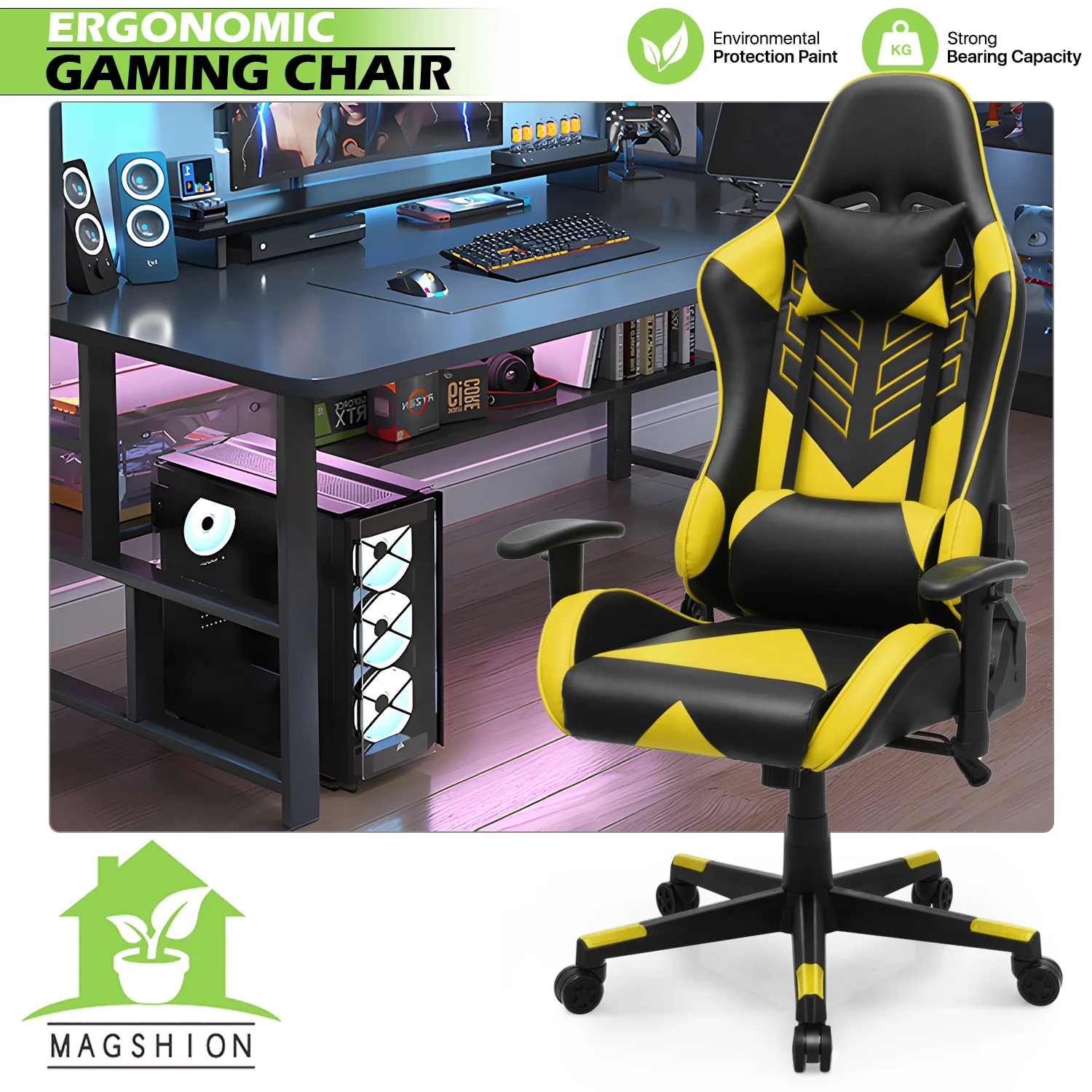 Magshion Ergonomic Gaming Chair, Comfortable Gaming Chair, Computer Chair Leather Desk Chair Adjustable Swivel Gaming Office Chair, Blue - Image 45