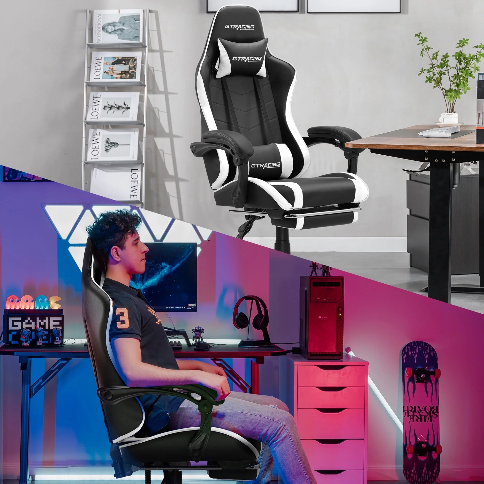GTRACING GTWD-200 Ergonomic Gaming Chair with Adjustable Pillows and Footrest , White - Image 2