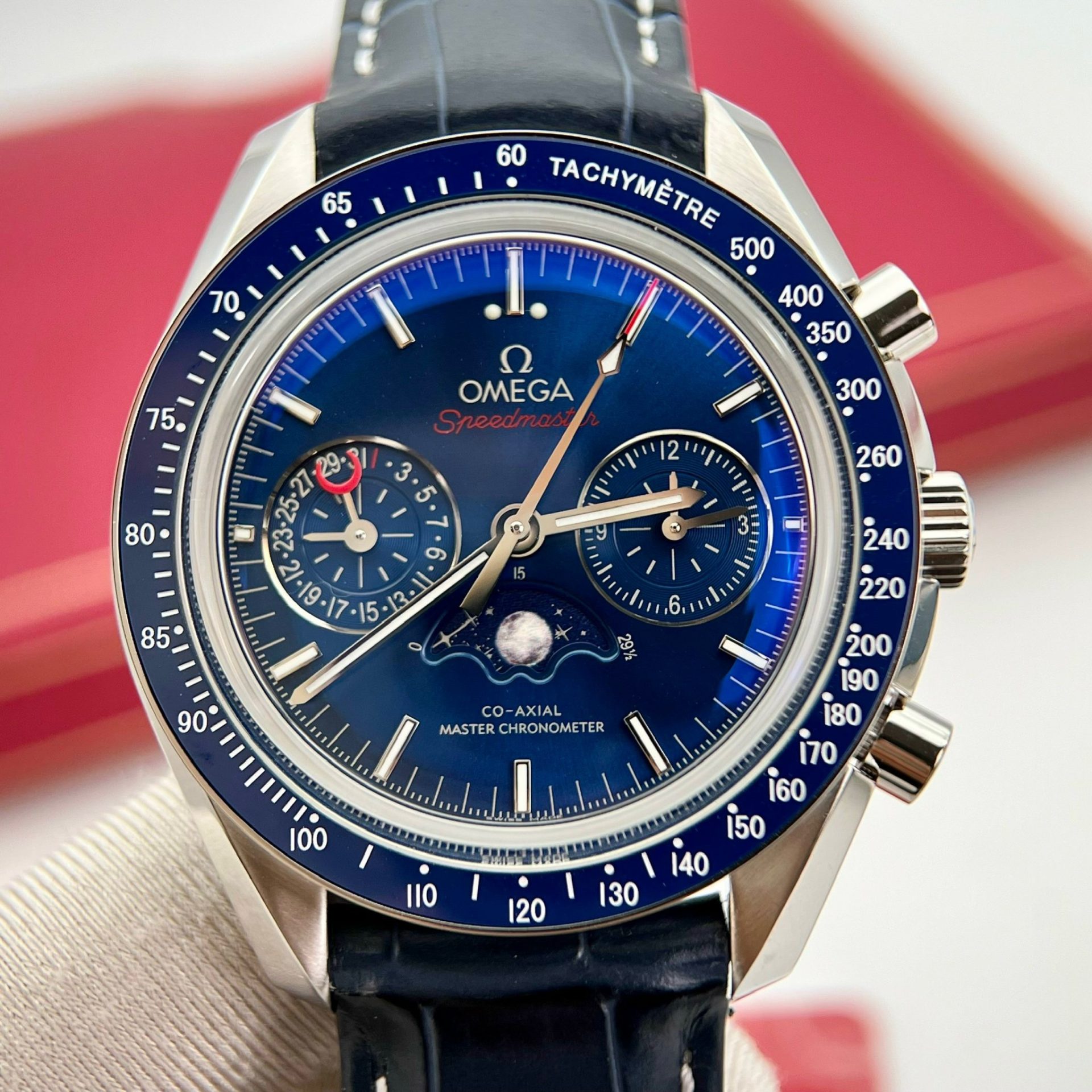 Omega Replica Watch Speedmaster Co-Axial Moonphase Blue Dial 44mm - Elite Watch Atelier