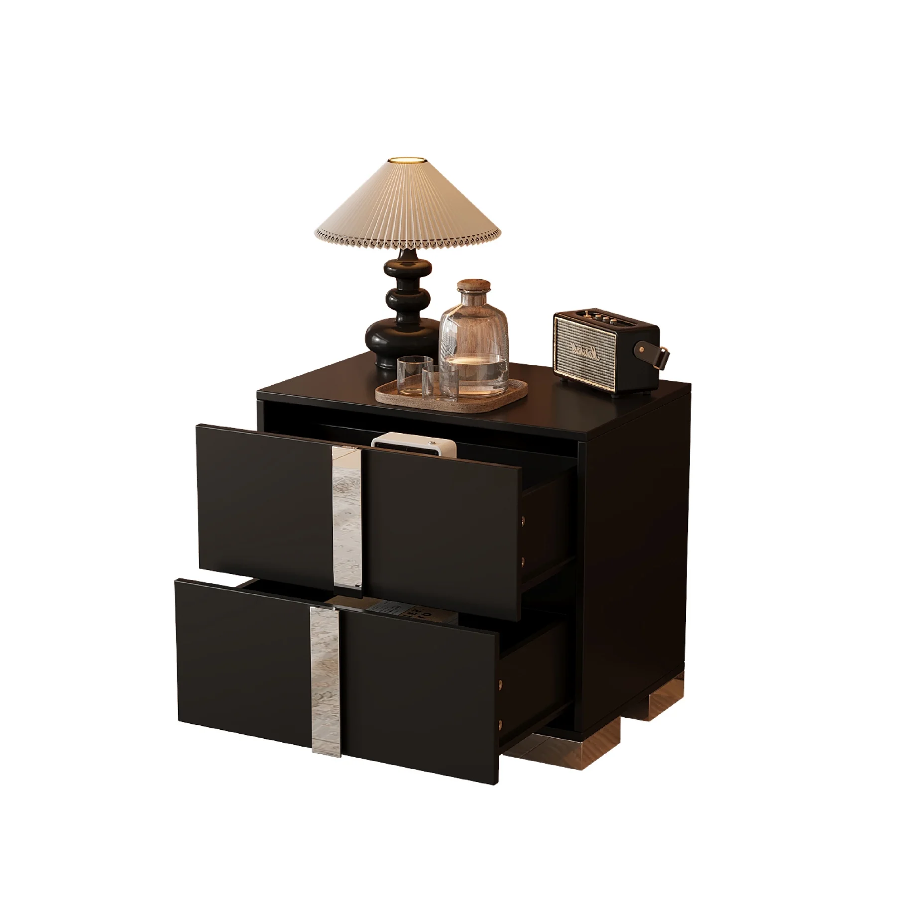 Elegant Nightstand with Metal Handle, Mirrored Bedside Table with 2 Drawers for Bedroom, Living Room, End Sofa Side Table for Living Room, Office, White - Image 12