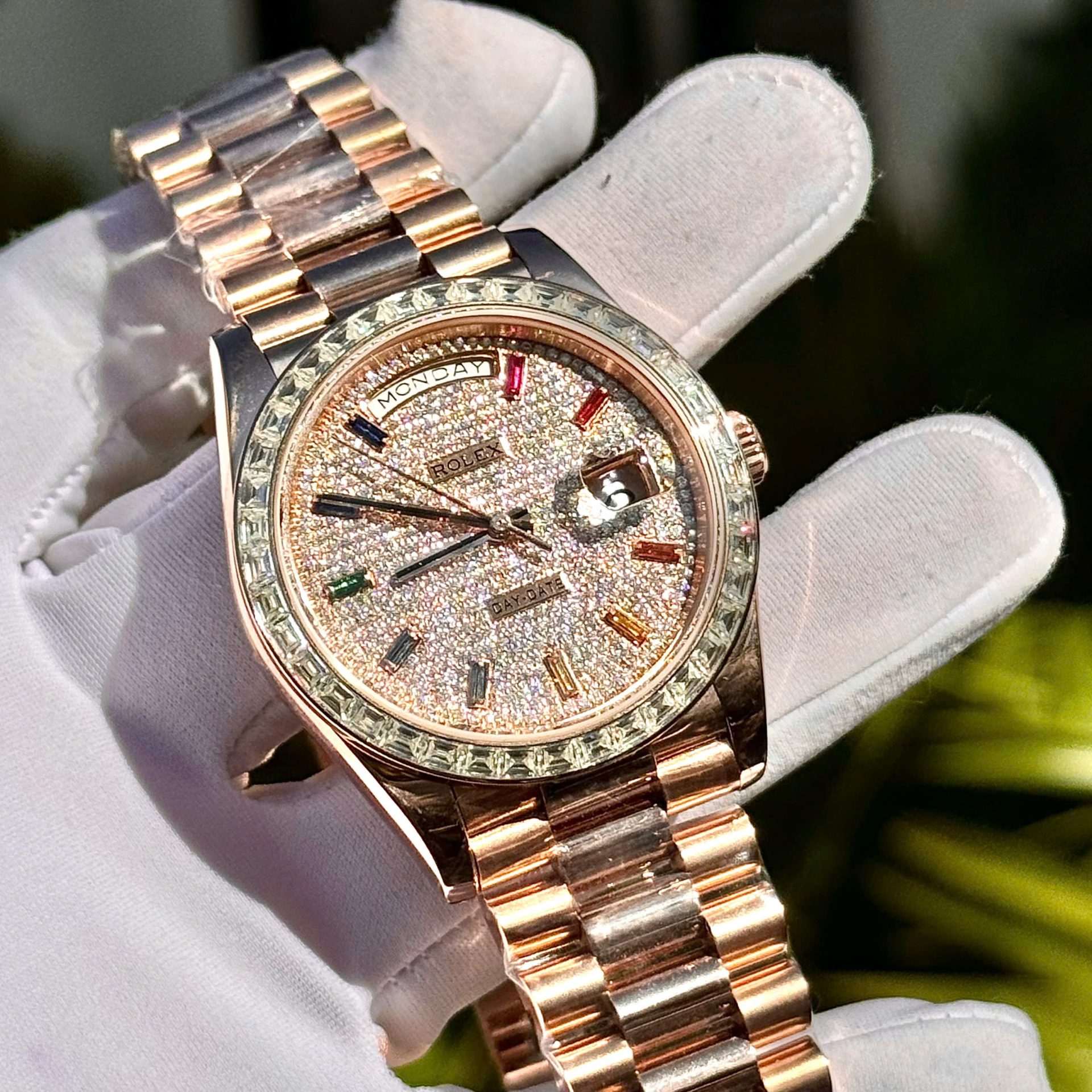 Rolex Day-Date Replica Watch Gold Wrapped End Moissanite Diamonds Baguette Custom 40mm - Top club