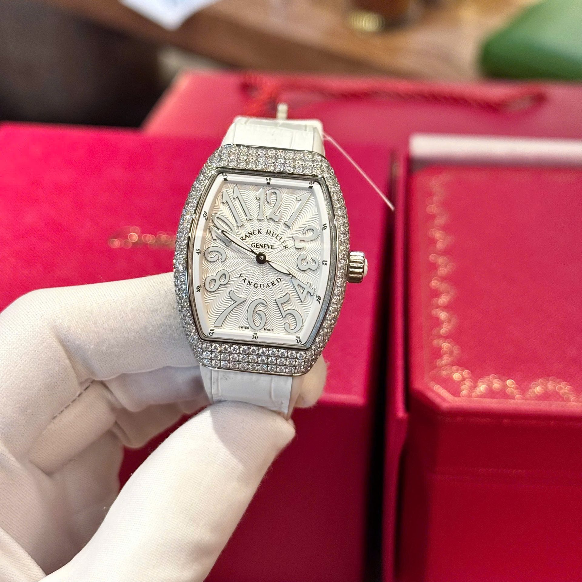 Franck Muller V32 White Dial Replica Watch Custom Diamonds Moissanite Hong Kong 36mm - Elite Watch Atelier