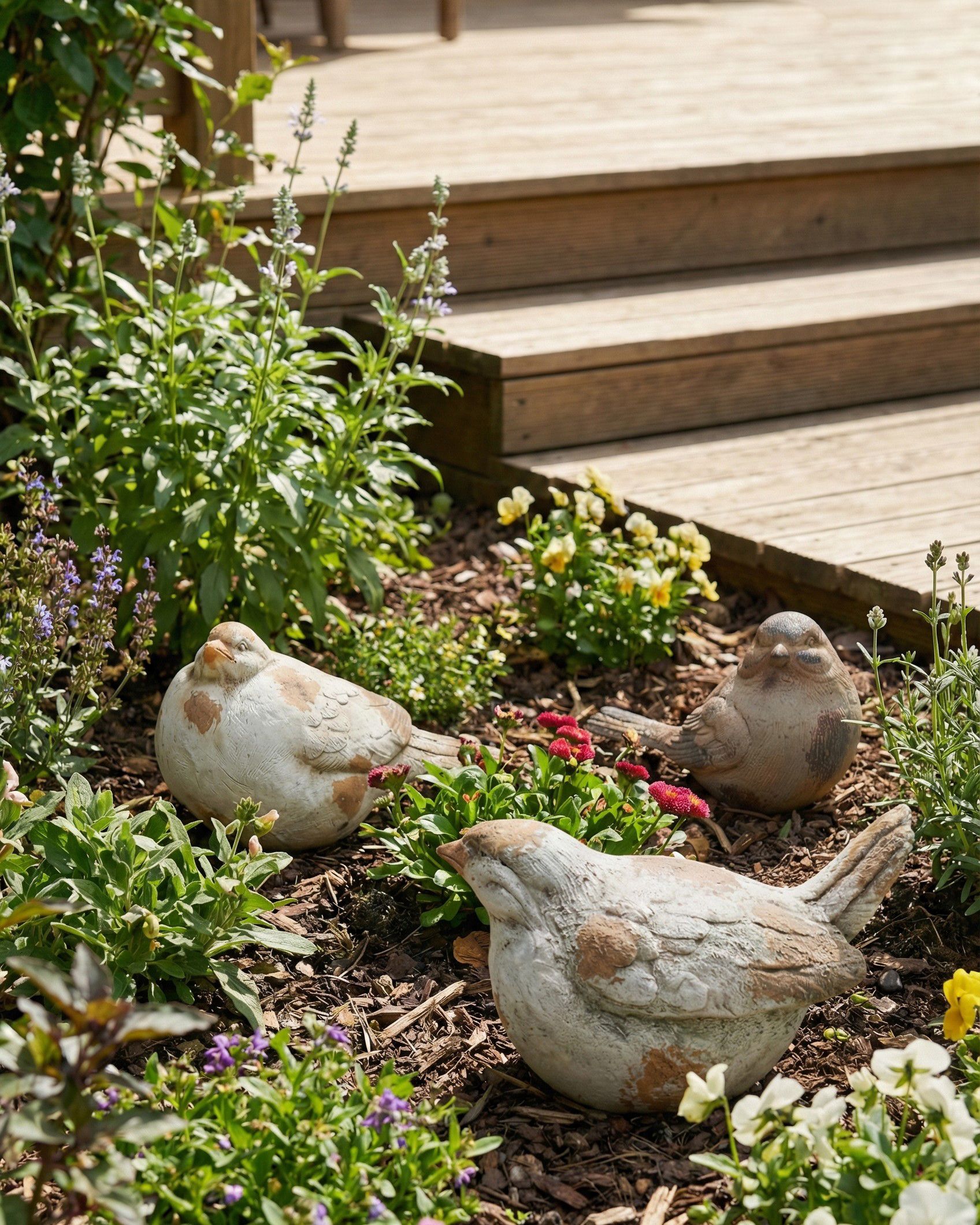 Set of 3 Garden Figurines ANGHIARI Bird Beige