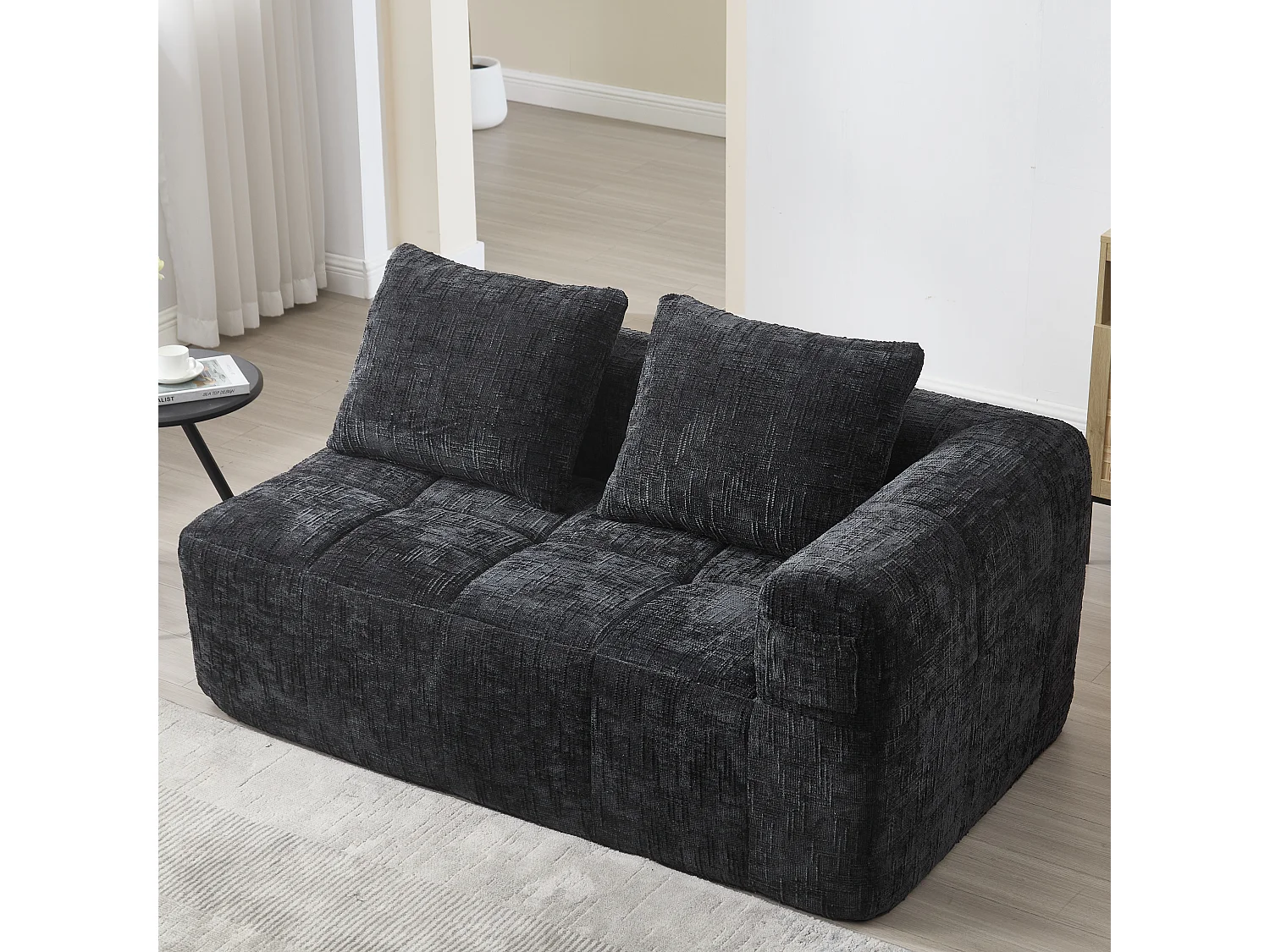 Méridienne gauche 2 places en chenille noir avec 2 coussins, Rembourrage Moelleux - 158x90x60cm