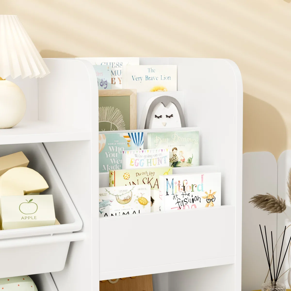 Hiphuta Kids Bookcase Toy Storage Organizer, Wooden Toy Organizer of 4 Bins& 2 Removable Drawers for Home Bedroom, Kids Bookshelf Toy Box with Book Rack, White - Image 11