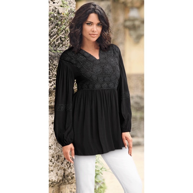 Lily Baby-Doll Tunic with Crochet-Lace and Balloon Sleeves - MIDNIGHT VELVET CATALOG