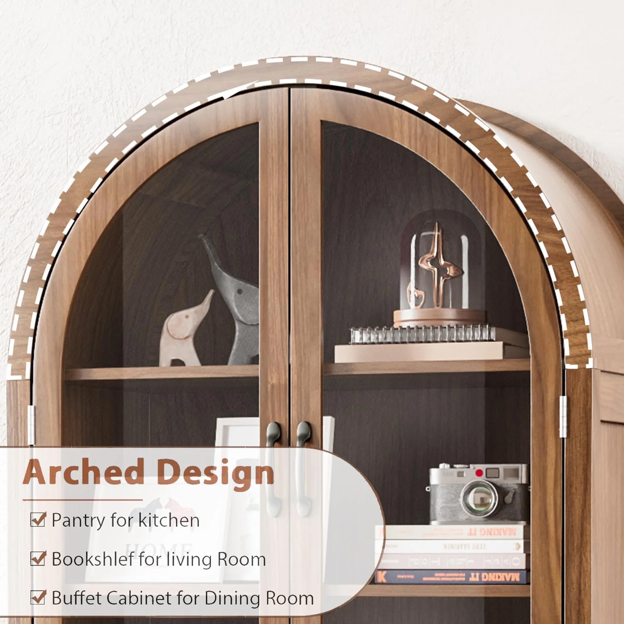 Fiogmub Tall Arched Storage Display Cabinet, Arched Pantry Cabinet with Doors, Acrylic Glass Doors - Image 21