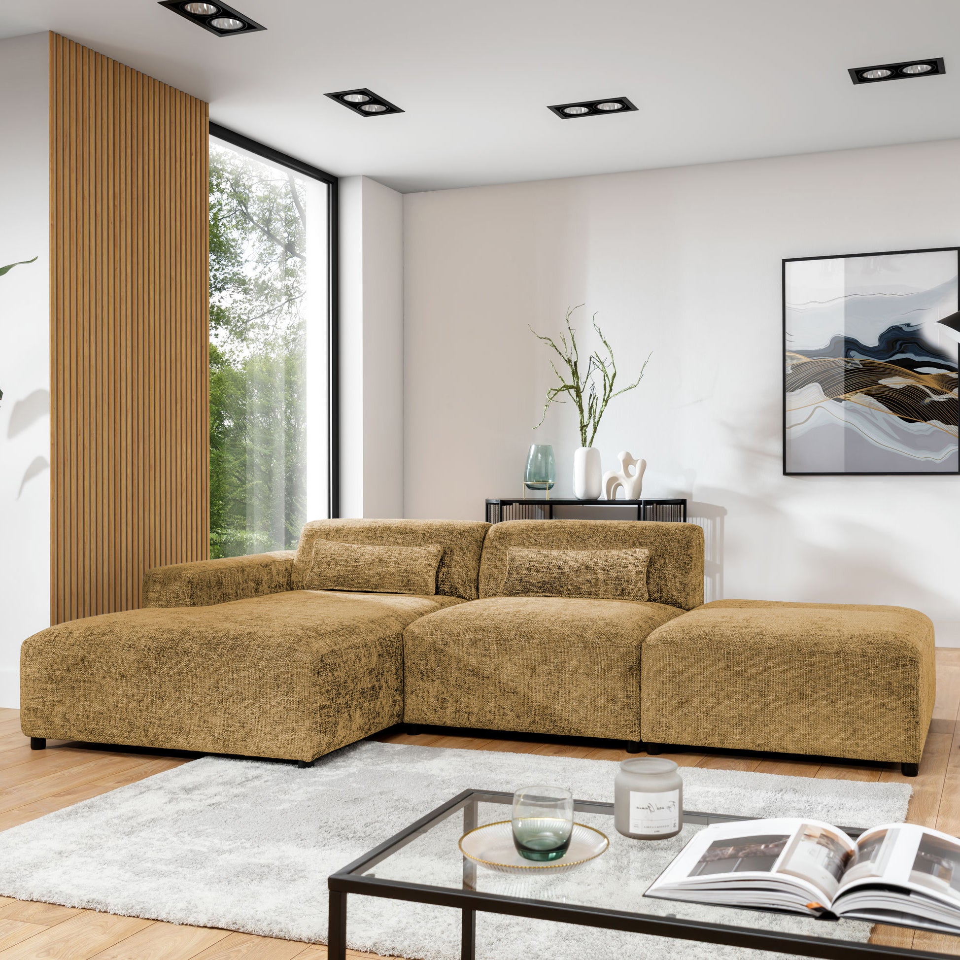 Blokker Velura Hoekbank Links met Hocker - Chenille - Oker