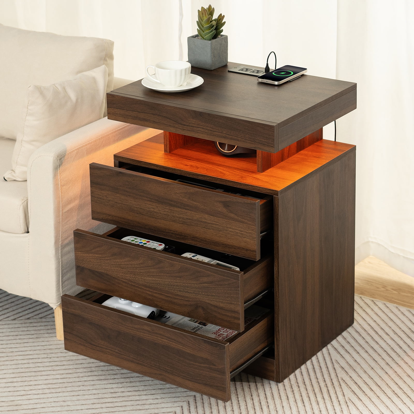 Hommpa LED Nightstand Wireless Charging Station USB Type C Outlets Bedside Table 3 Drawers Black Night Table Modern Smart Nightstand High Gloss End Side Table for Bedroom Furniture 26.8" Tall - Image 24