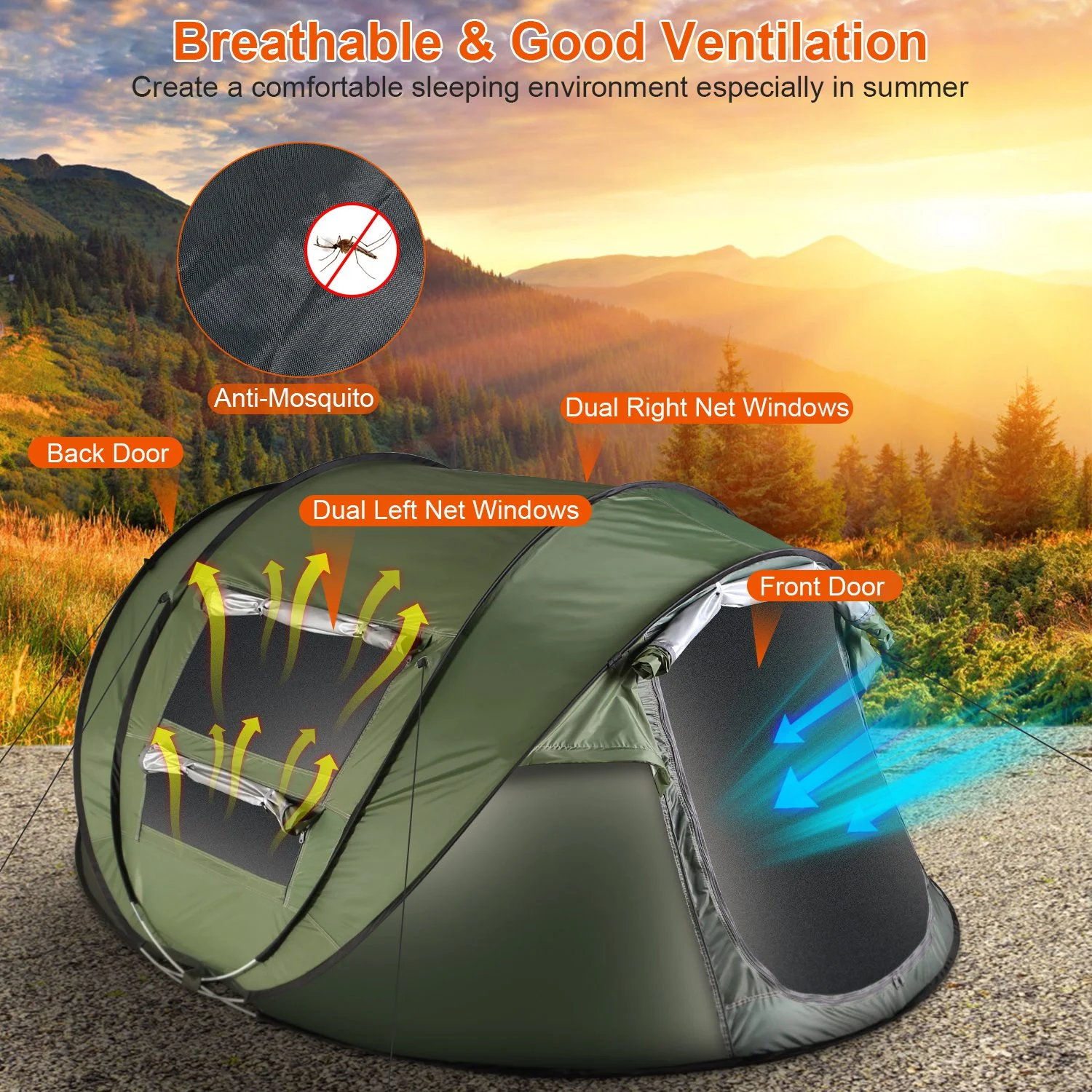 Tcbosik Easy Pop Up Tent for 5-8 Person, Automatic Setup Instant Family Tent with 2 Doors and 4 Mosquito Net Windows, Waterproof Camping Tent with Carry Bag for Hiking & Traveling, Khaki - Image 17