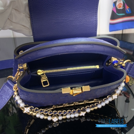Royal Blue Ostrich Leather Mini Handbag with Pearl Chain Detail1:1High-quality replica