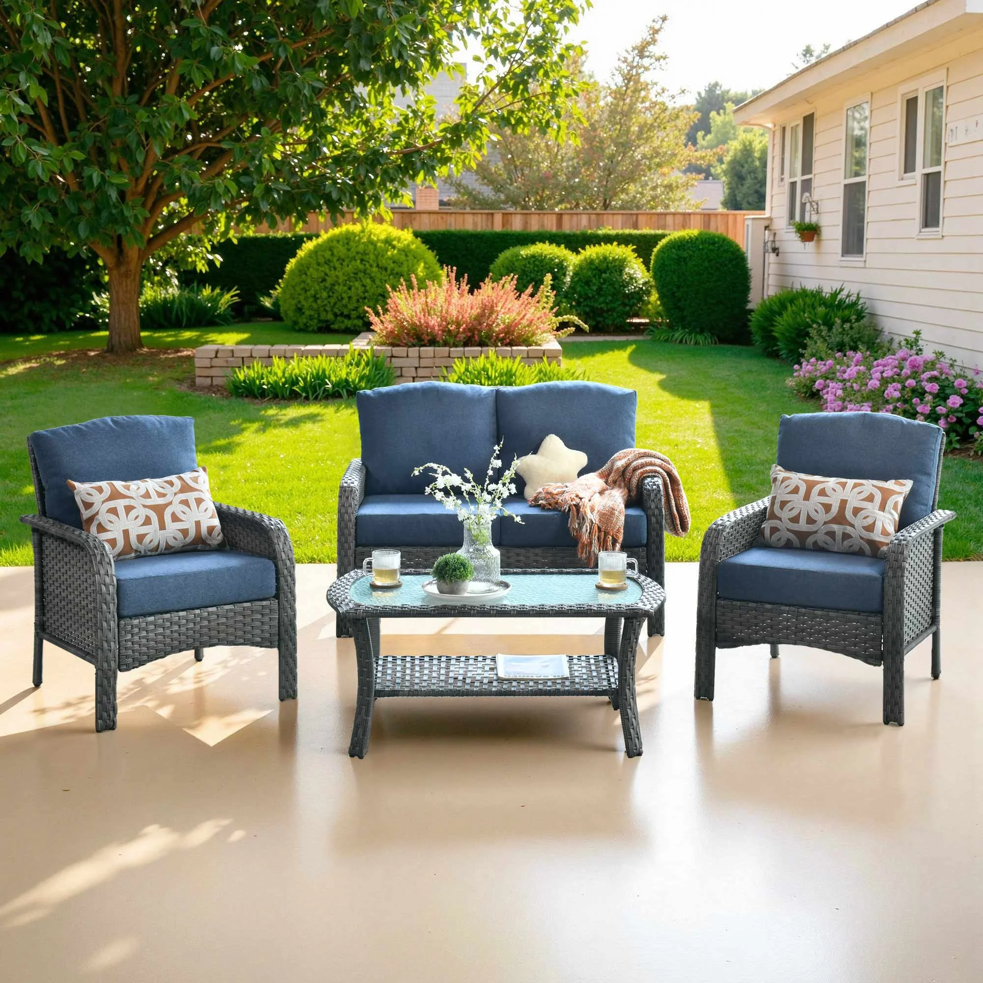 Ovios 4 Pieces Wicker Outdoor Patio Furniture with Coffee Table High Back All Weather Rattan Outdoor Sectional Conversation Set for Backyard Porch Garden, Denim Blue
