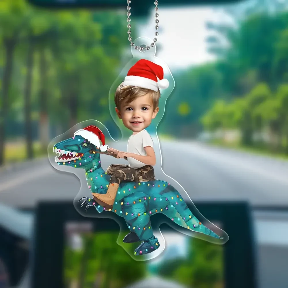 Personalized photo car charm hanging from a rearview mirror, custom dinosaur acrylic car accessory