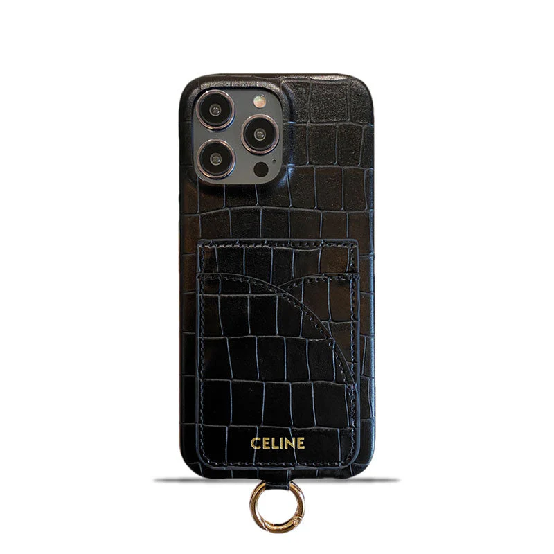 Alligator Print Celine iPhone Case With Card Holder And Strap Blcak -EYP241415 - Wholesale & Influencer