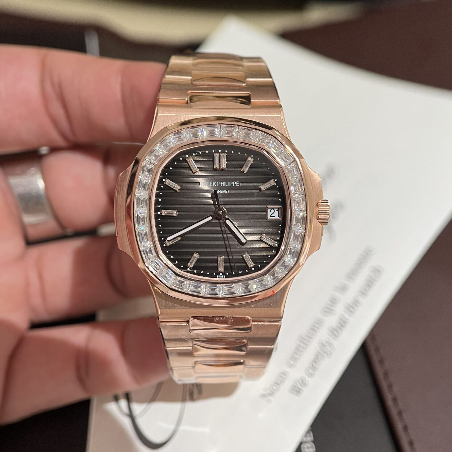 Patek Philippe Replica Watch Nautilus 5723 Gold Wrapped Moissanite Diamonds 40mm - Elite Watch Atelier