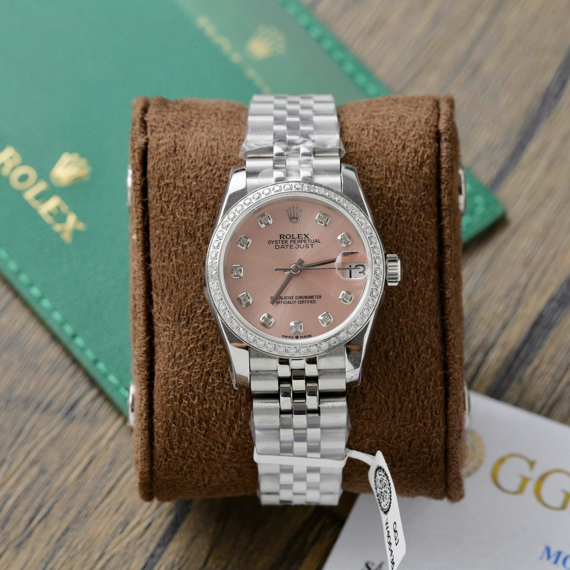Rolex DateJust Replica Watch Womens Pink Dial Custom Moissanite Diamonds 31mm - Elite Watch Atelier