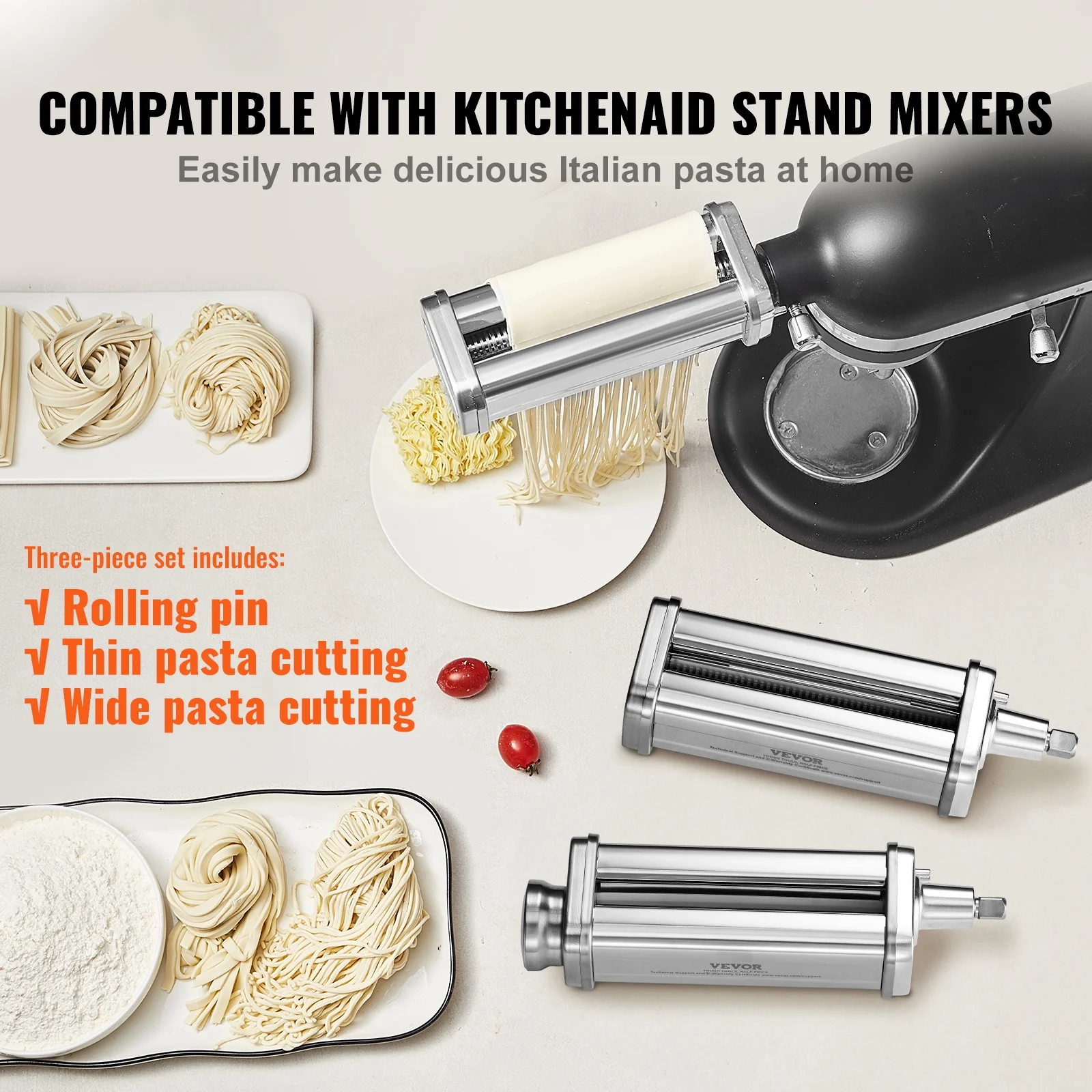 KFFKFF Pasta Maker Attachment for All Kitchenaid Mixers, Kitchen Aid Stand Mixer Set Accessories with 3 Shafts Including Dough Roller Spaghetti Cutter Fettuccine