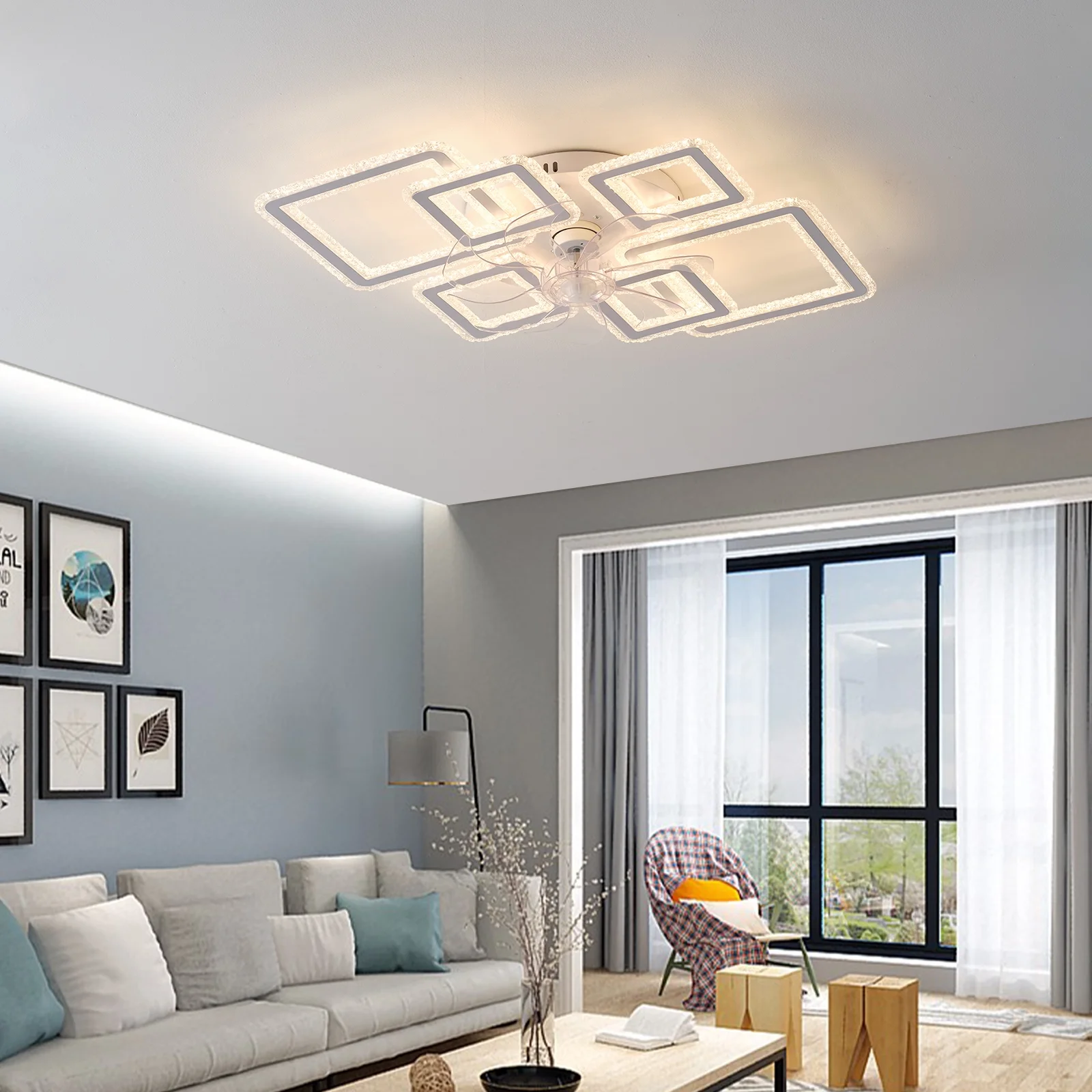 33inch Modern LED Ceiling Fan Light with Remote, Dimmable 6-Ring Square Flush Mount Lighting Fixture for Bedroom, Living Room, Kitchen, Bathroom, Balcony