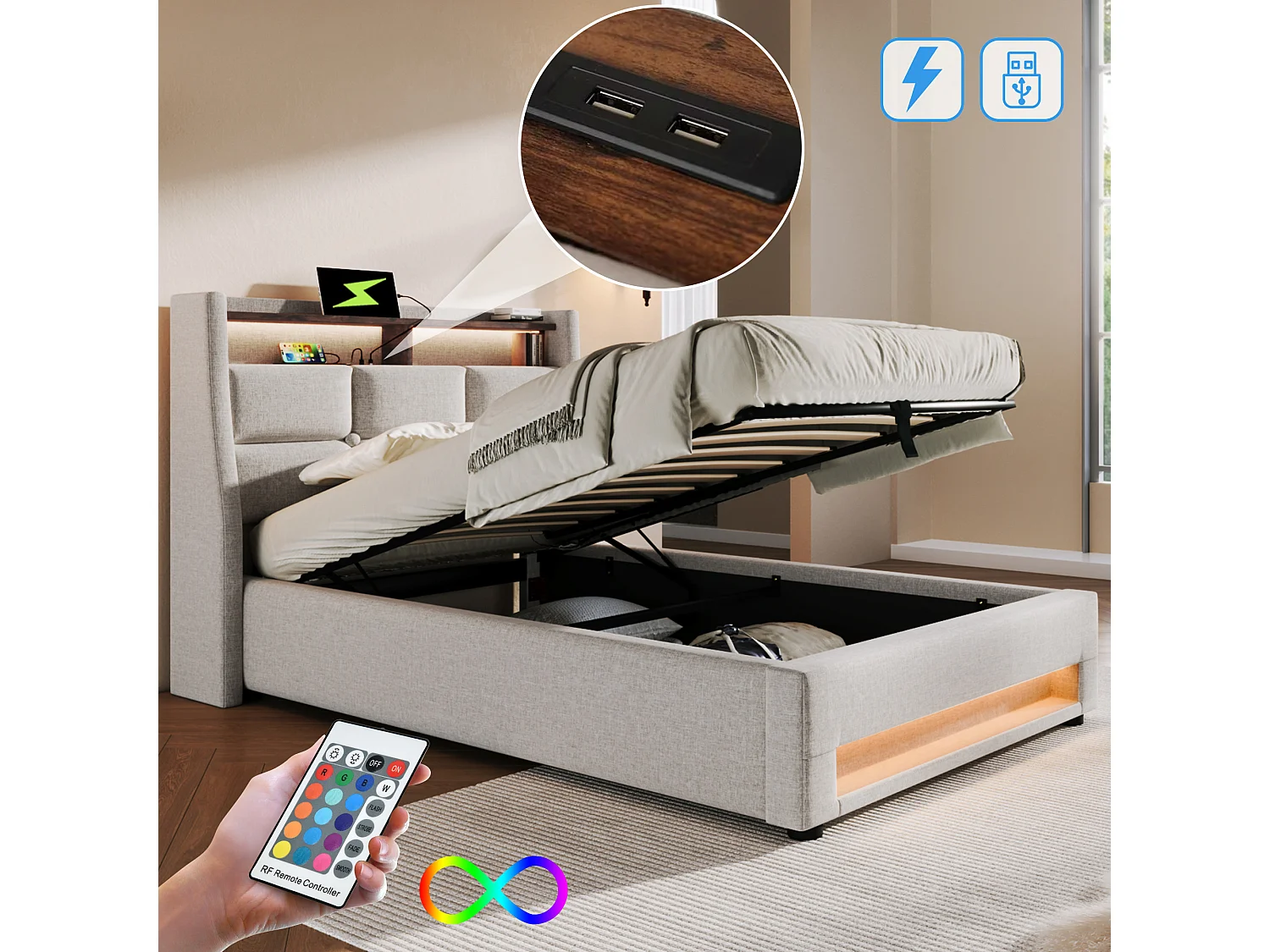 Lit coffre adulte 90x200 cm avec USB et éclairage LED, cadre métallique et en lin beige(sans matelas)