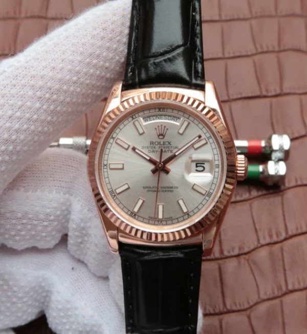 Replica Rolex Day-Date 118135 RG Silver Dial Black Leather Strap A2836 - Elite Watch Atelier