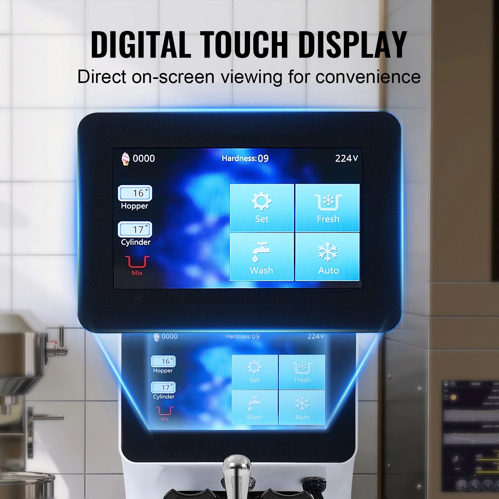 KFFKFF Commercial Ice Cream Machine Output of 10.6 QT/H, 1000W Single Taste Tabletop Soft Serve Ice Cream Device, 4L Reservoir 1.6L Cylinder, Digital Screen Automatic Cleaning Pre-chilling - Image 7