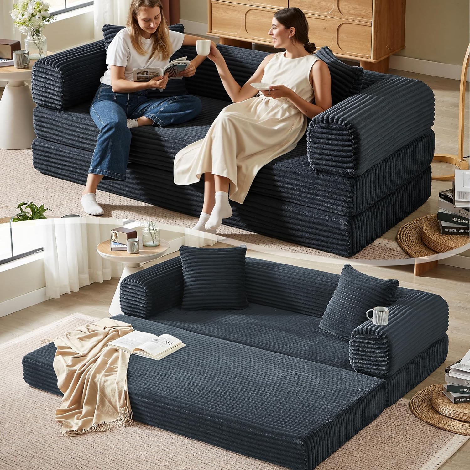 Boneless Couch Versatile Couches for Living Room No-Install Sofa Bed Corduroy Futon Soft Cloud Couch with Pillows for Bedroom Game Movie (Dark Gray, 76
