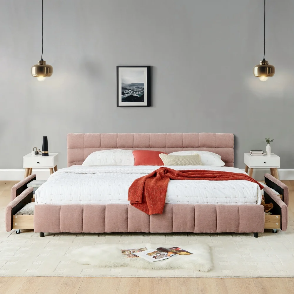 California King size Upholstered Bed comfortable upholstered bed frame Chenille fabric with headboard and solid bed frame with drawer for storage (90.5''*80.5''*31'')