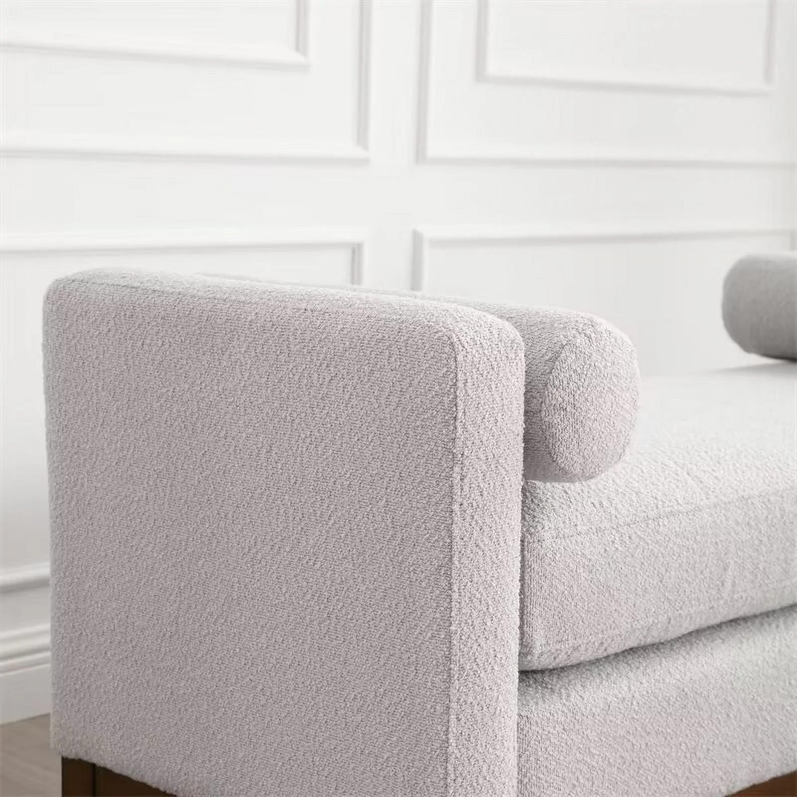 End of Bed Bench, 53.5" Boucle Fabric Upholstered Entryway Bench with Wood Legs & Bolster Pillows, Rolled Arm Cushioned Ottoman Foot Rest Long Stool Window Extra Seating for Bedroom, Ivory - Image 14