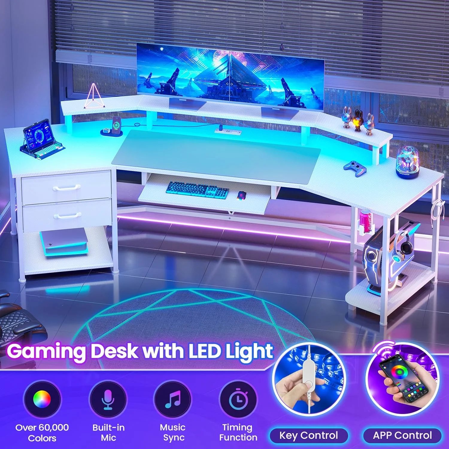 79" Gaming Desk with LED Lights and Power Outlets, U Shaped Desk with Monitor Stand and Drawers, Gaming Table with Keyboard Tray, Cup Holder and CPU Stand for Bedroom, Carbon Fiber Black - Image 24