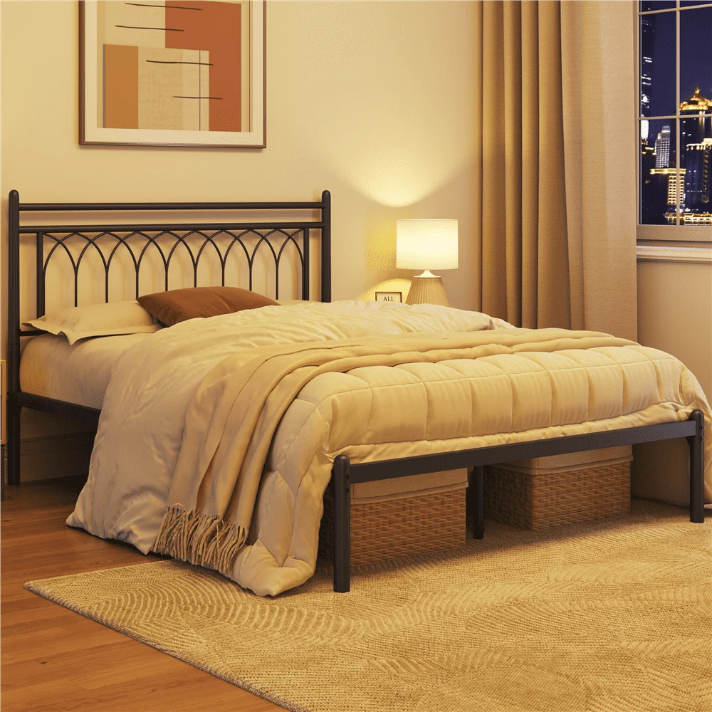 Easyfashion Jasmine Modern Metal Bed Frame with Petal Accented Headboard,Queen, Black