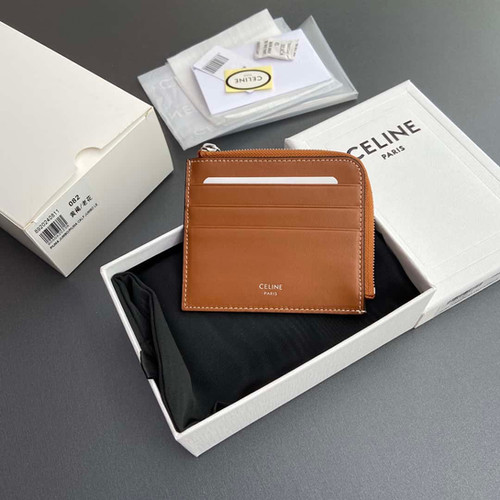 CELINE TRIOMPHE logo printed sheepskin zipper card holder wallet