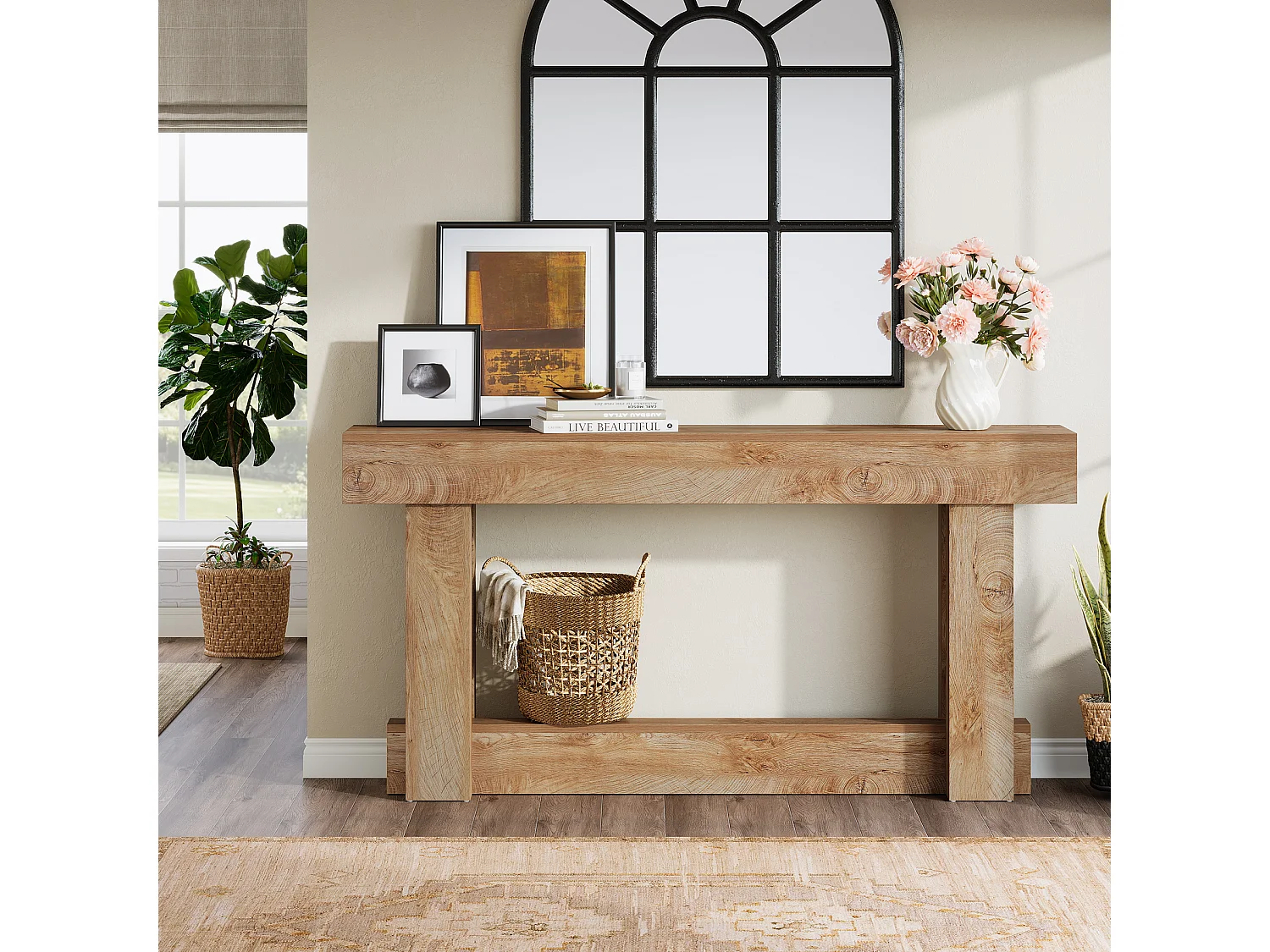 160cm Table Console, Table d'entrée à 2 étages, d'appoint rectangulaire en Bois derrière Le canapé
