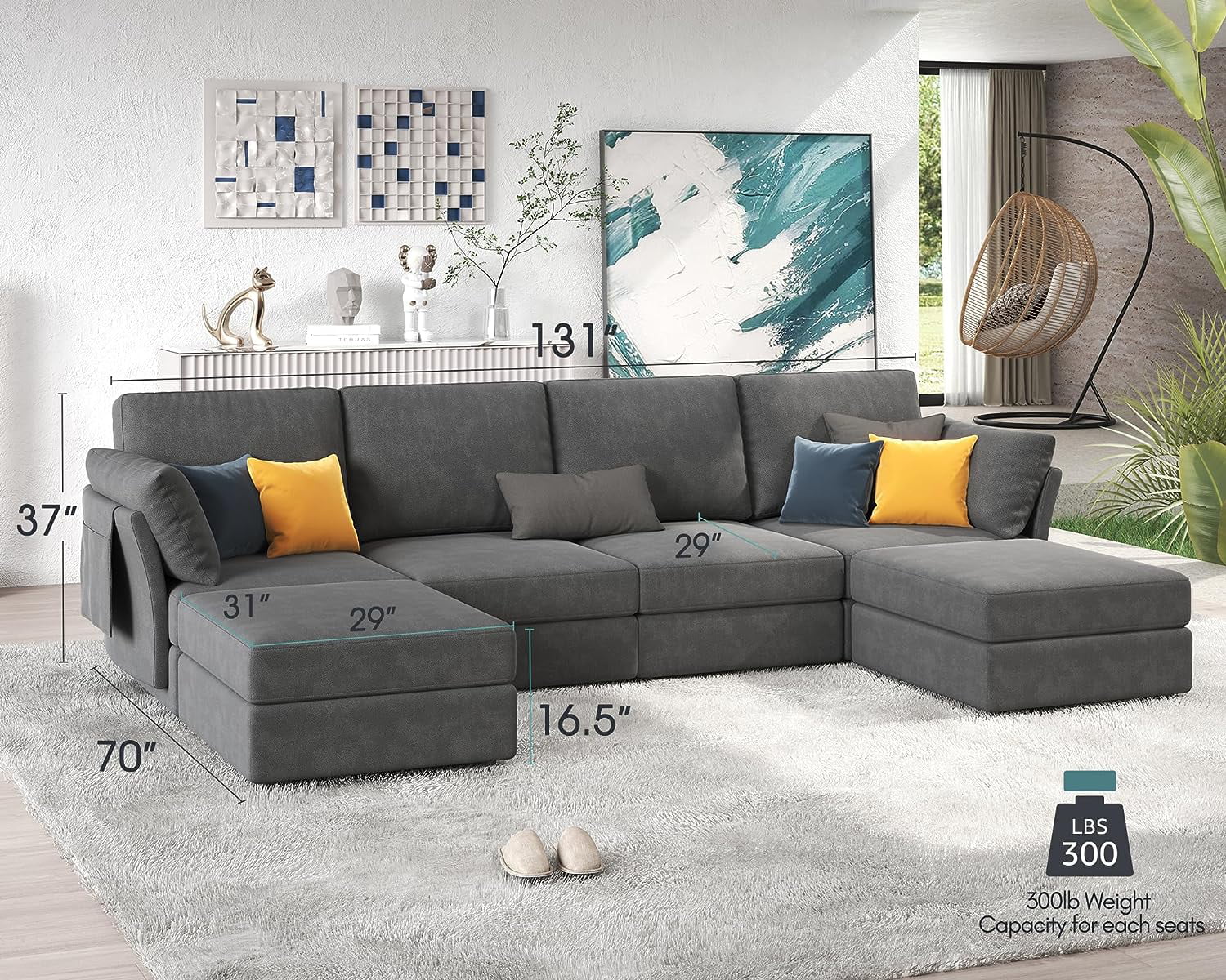 Amerlife 131 Inches Modular Sectional Sofa, Oversized Sectional Sofa with Storage, Ottomans, 6 Seats U Shaped Couch with Chaise- Chenille Gray