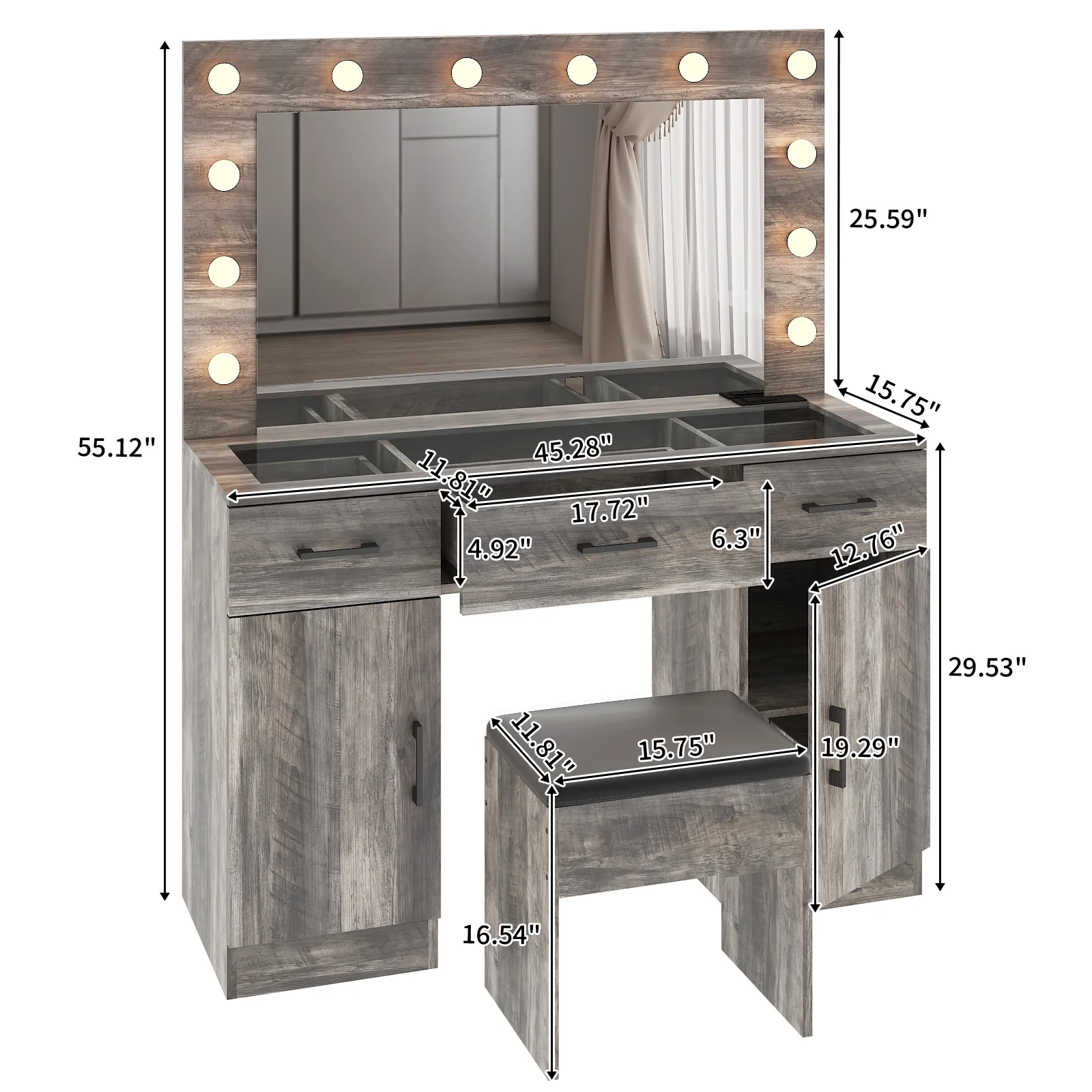 Ktaxon Large Makeup Vanity, Vanity Table Set w/ Visible Glass Top w/ Charging Station, White - Image 36